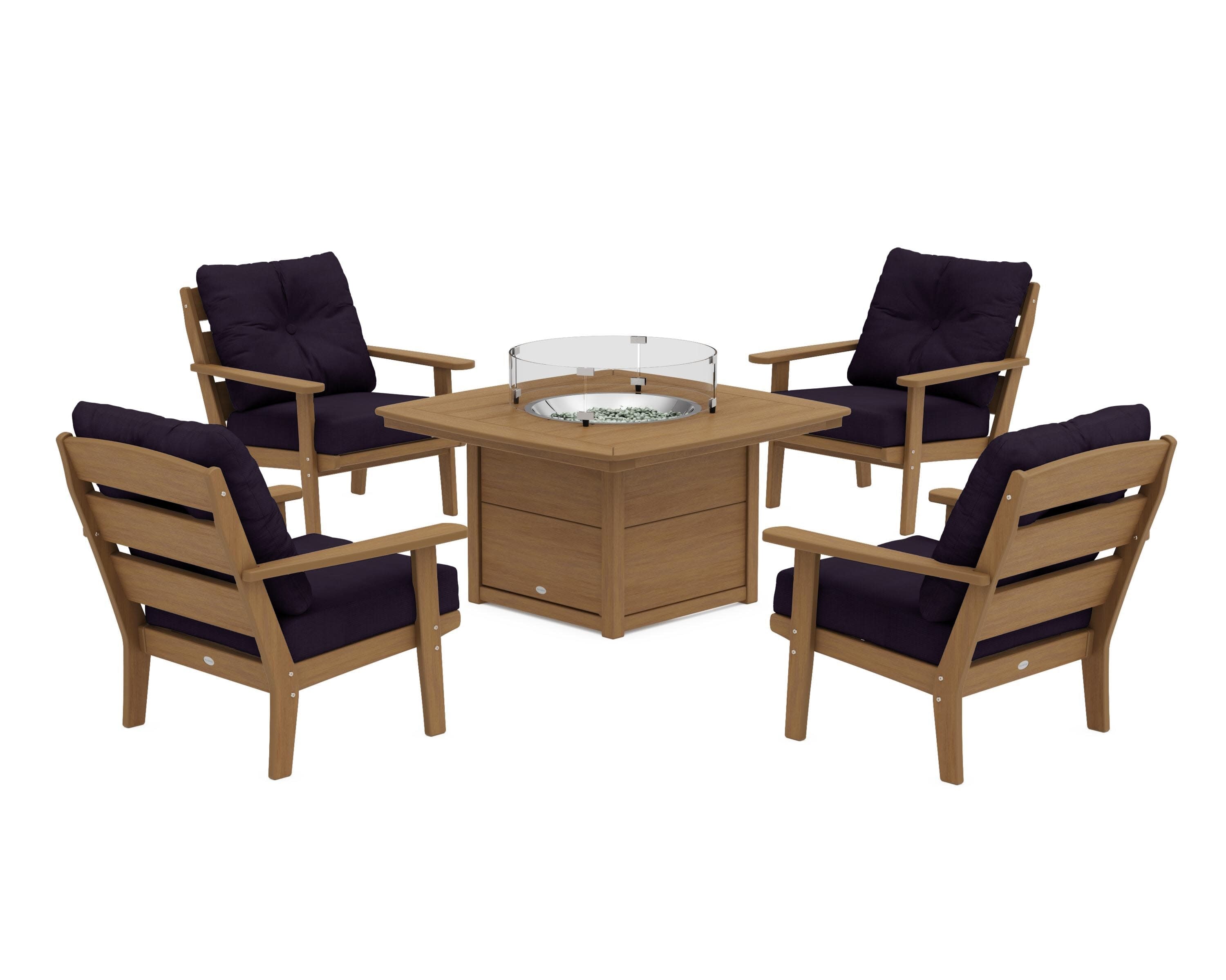 Lakeside 5-Piece Deep Seating Set with Nautical Fire Pit Table in Natural / Navy Linen