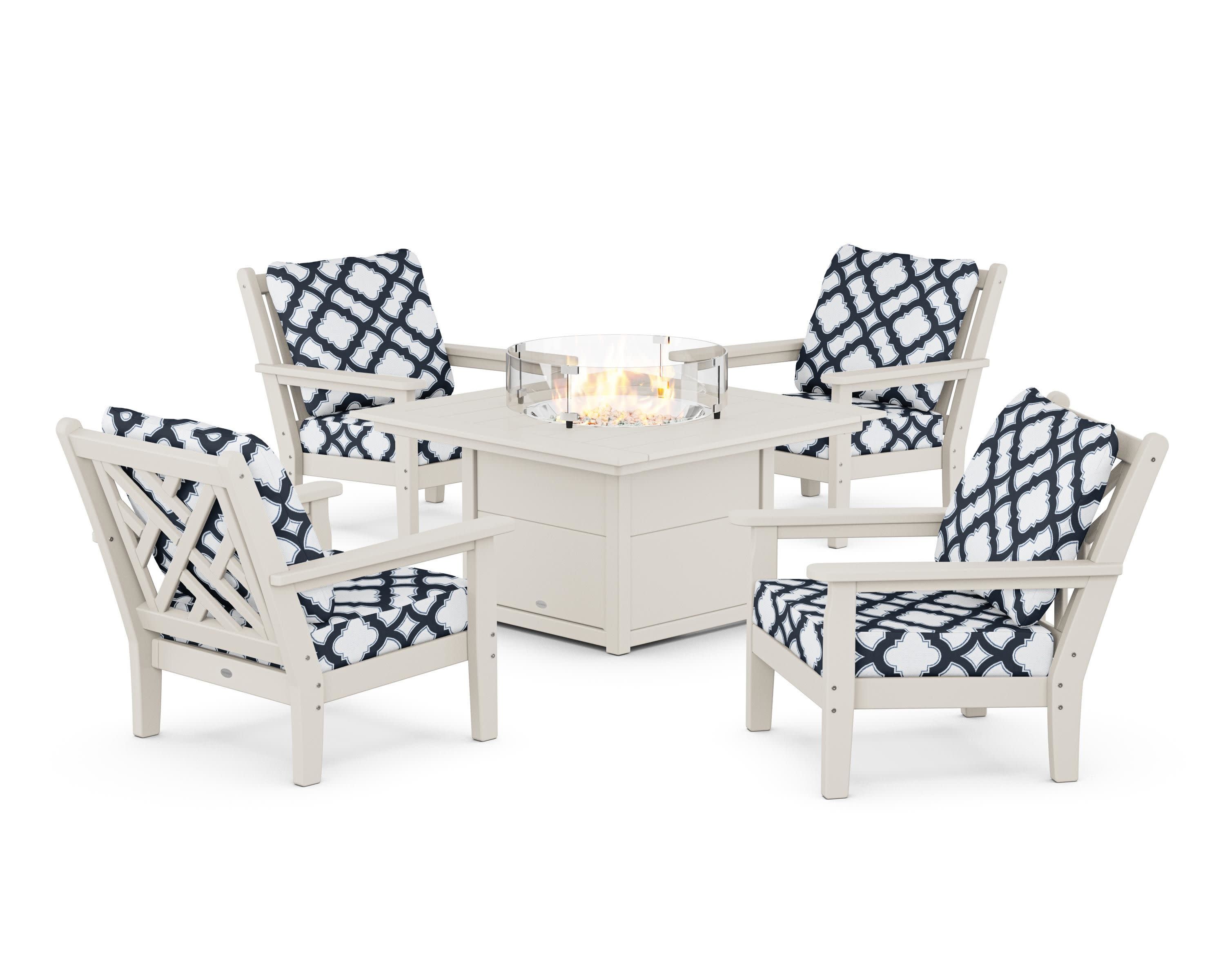 Chippendale 5-Piece Deep Seating Set with Fire Pit Table in Sand / Trellis Marine Indigo