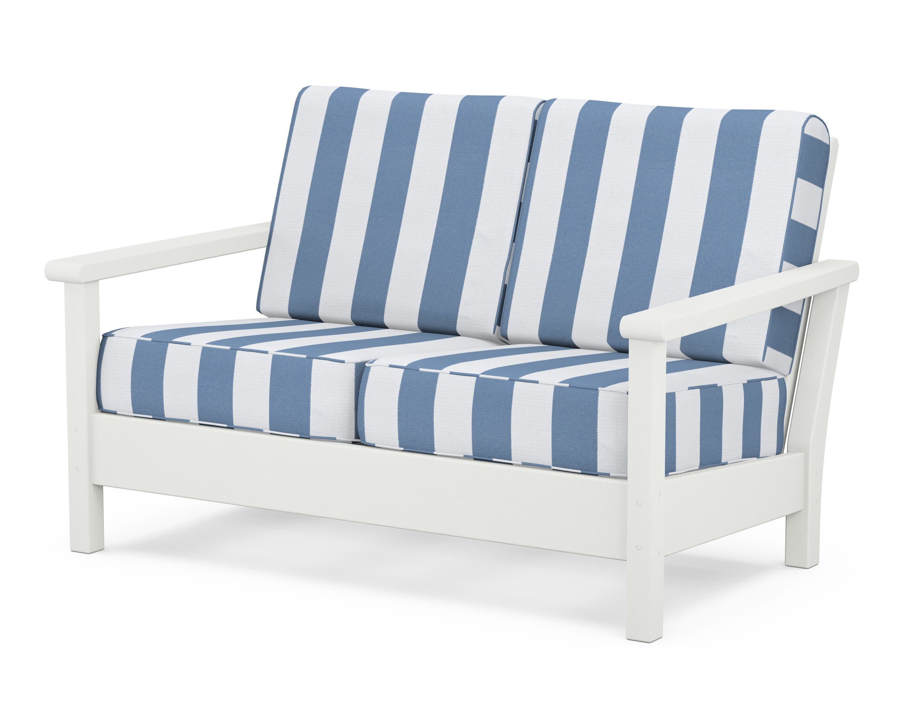 Harbour Deep Seating Loveseat in Vintage White / Cabana Stripe Sky Blue
