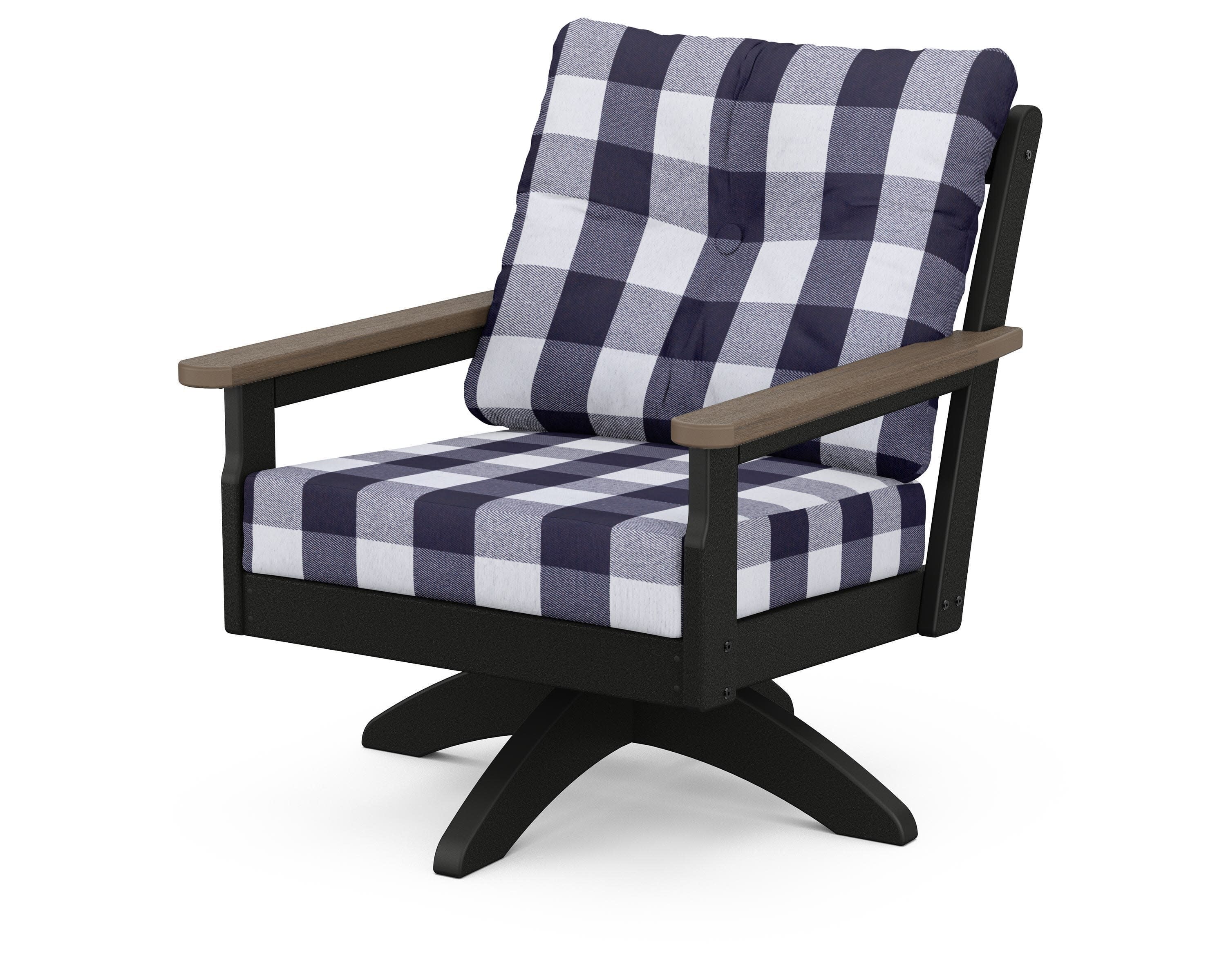 Vineyard Deep Seating Swivel Chair in Black / Kona / Buffalo Plaid Navy