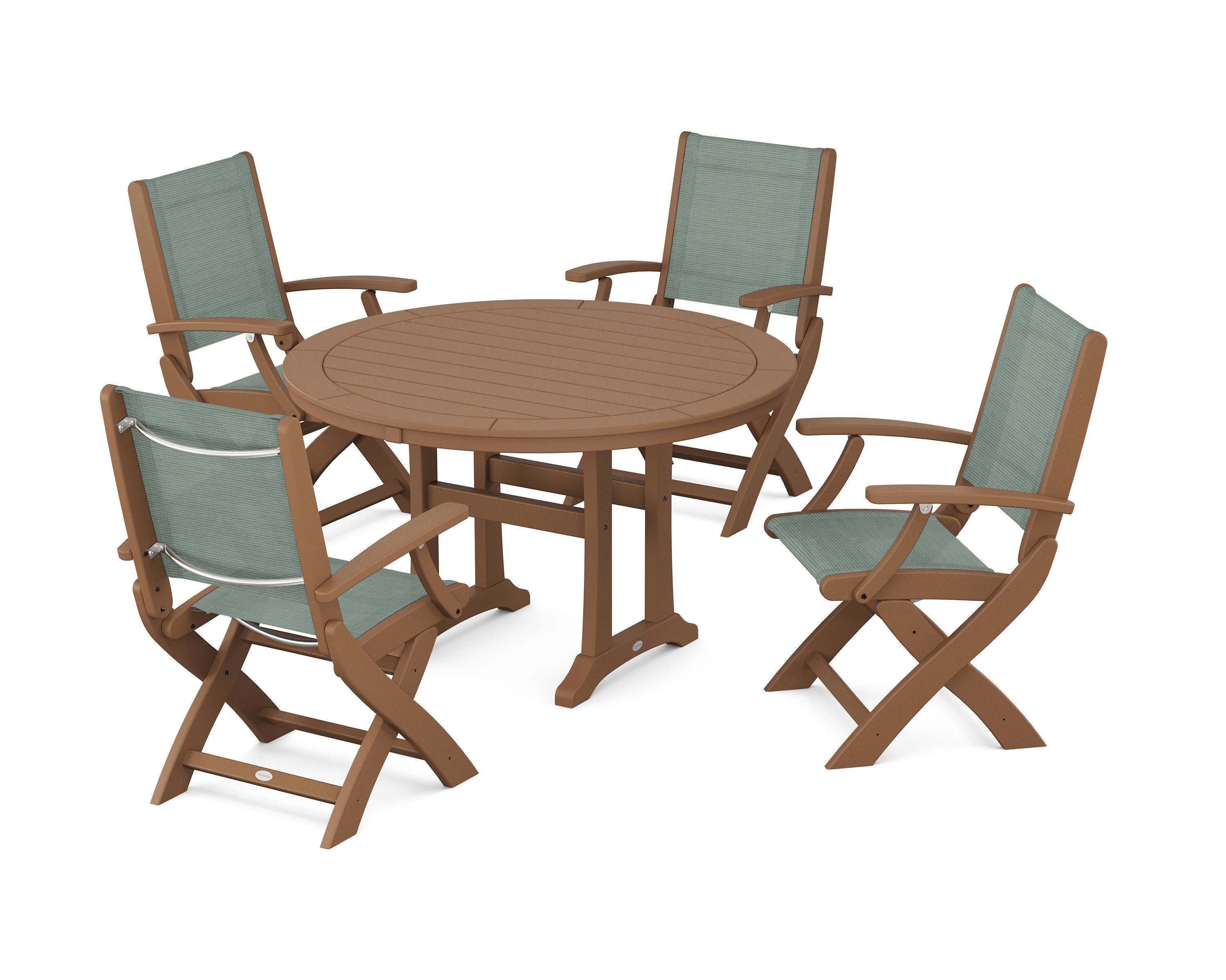 Coastal Folding Chair 5-Piece Round Dining Set with Trestle Legs in Teak / Dupioni Sea Mist Sling