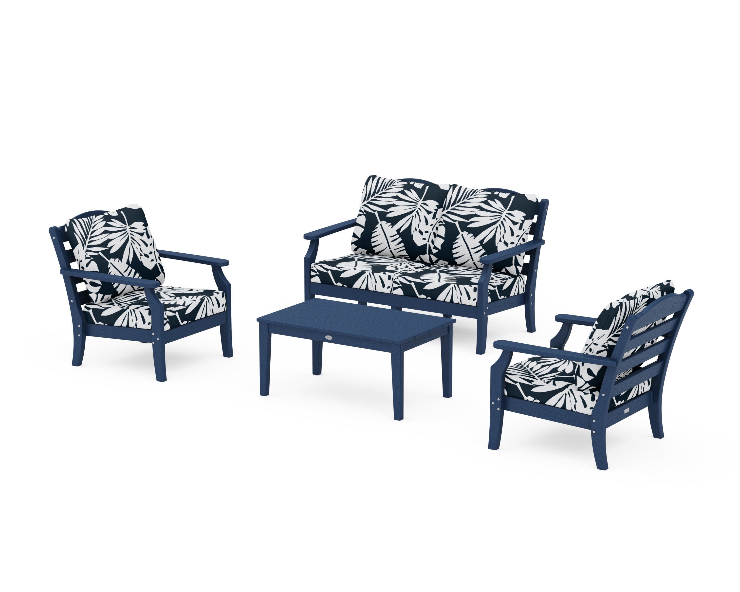 Savannah 4-Piece Deep Seating Set with Loveseat in Navy / Leaf Marine Indigo
