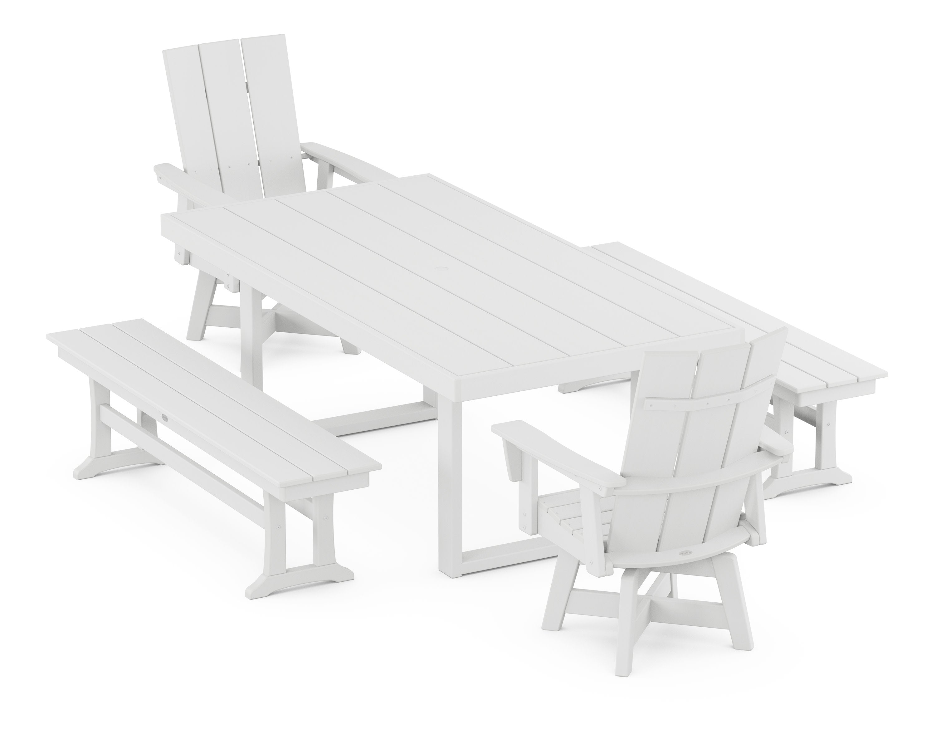 Modern Adirondack Swivel Chair 5-Piece Dining Set with Benches in White