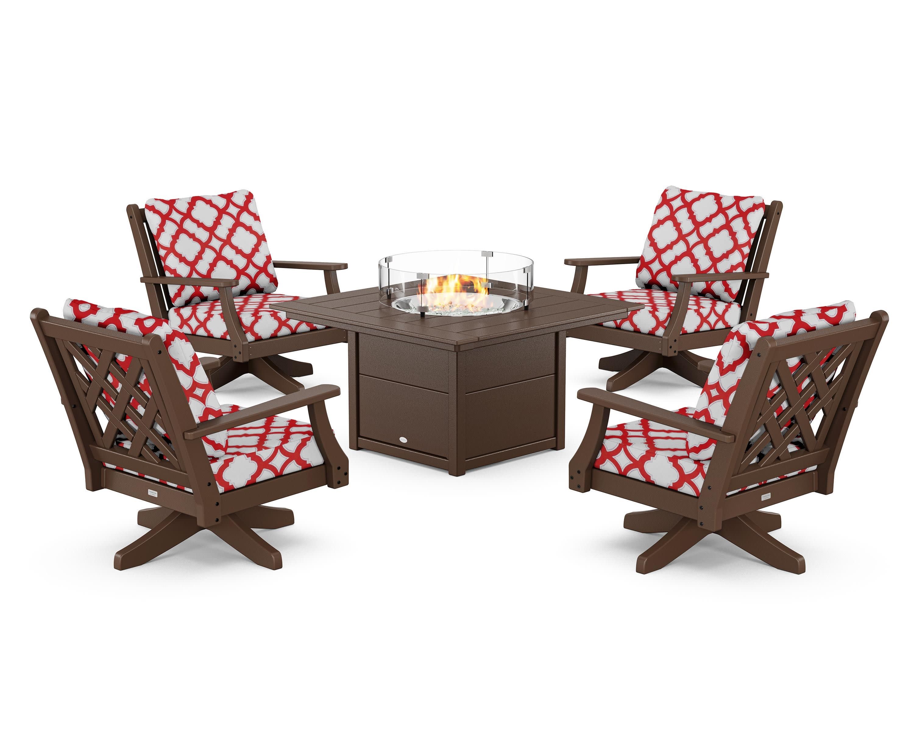 Wovendale 5-Piece Deep Seating Swivel Conversation Set with Fire Pit Table in Mahogany / Trellis Crimson