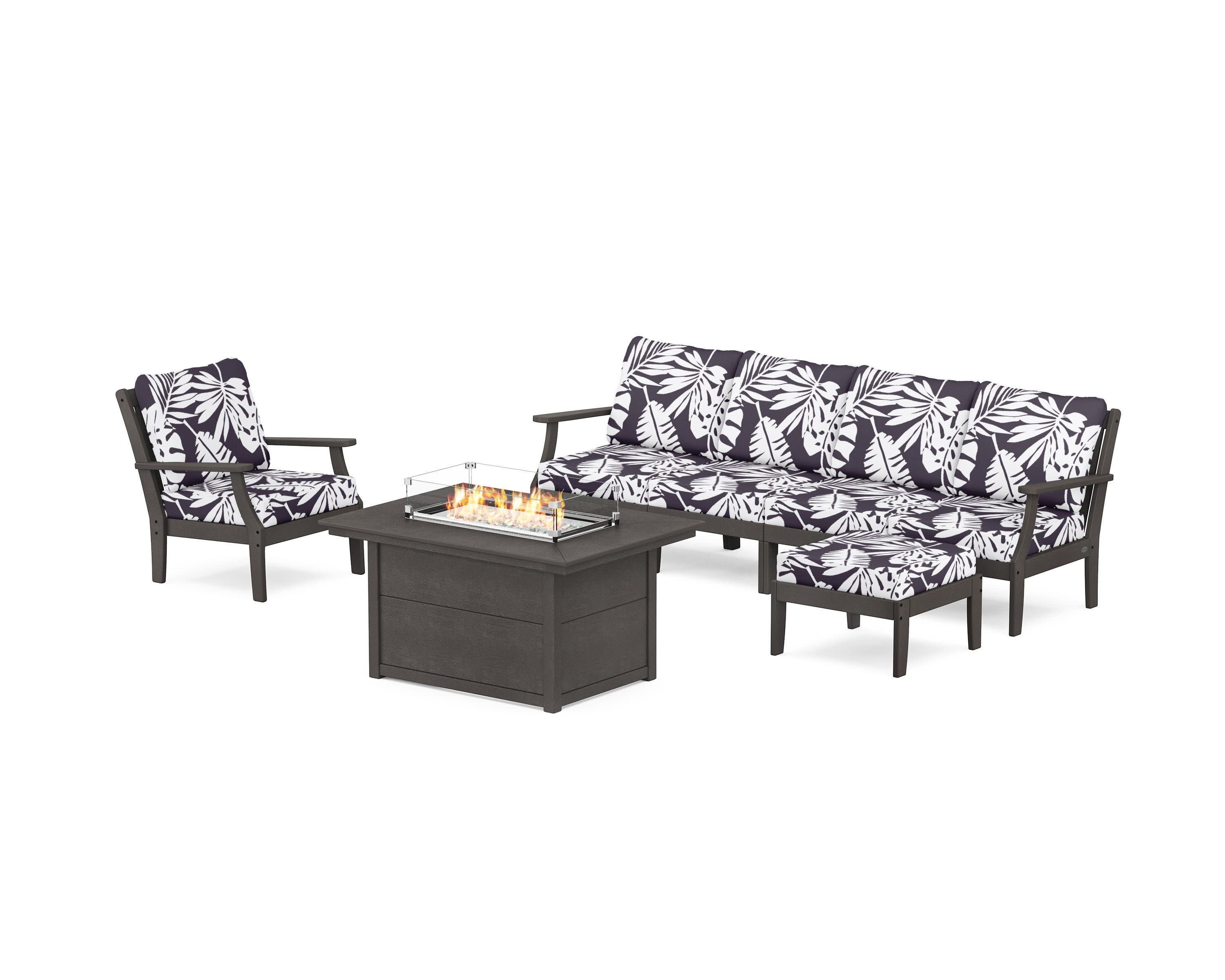 Braxton Sectional Lounge and Fire Pit Set in Vintage Coffee / Leaf Navy