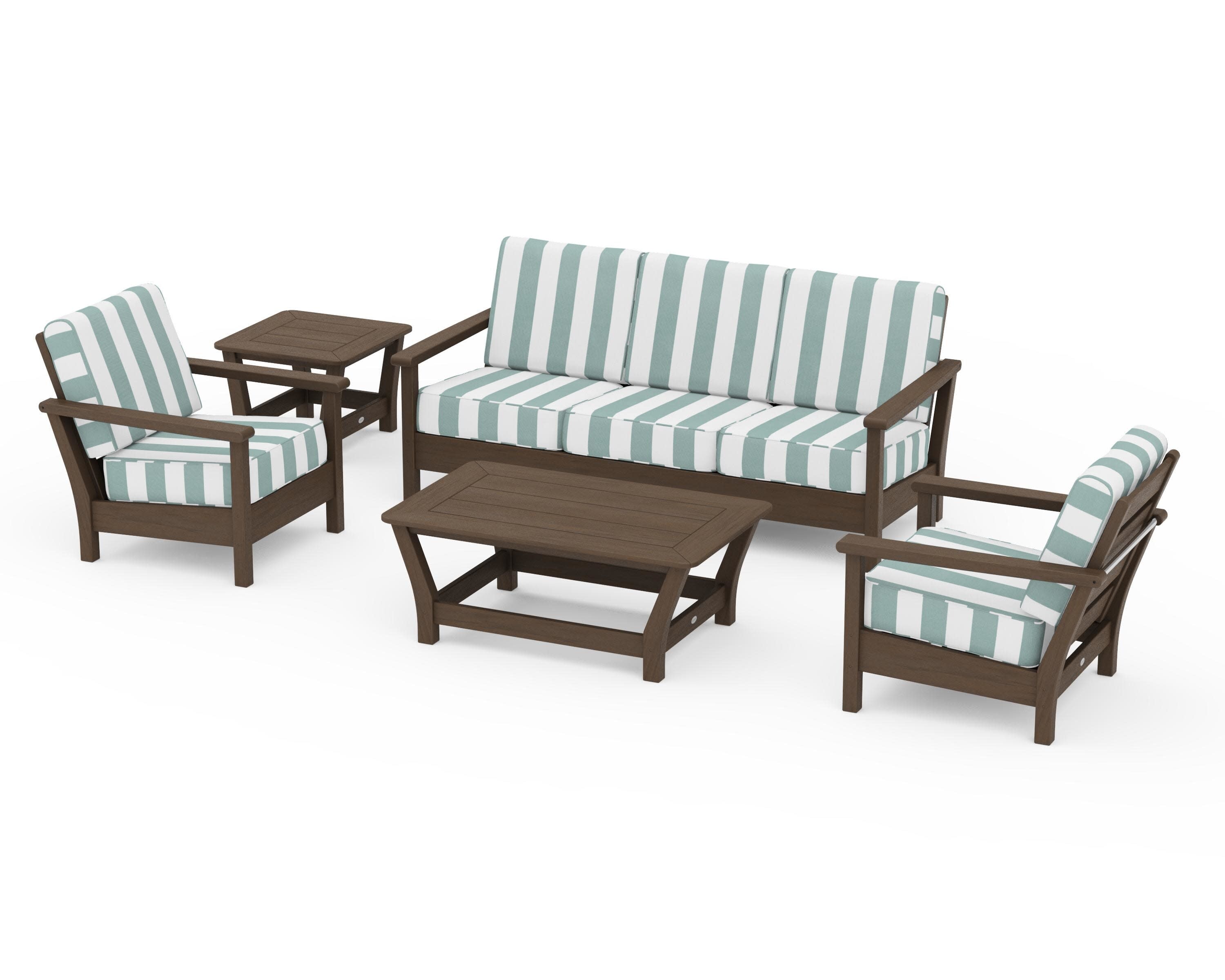 Harbour 5-Piece Deep Seating Set in Kona / Cabana Stripe Glacier Spa