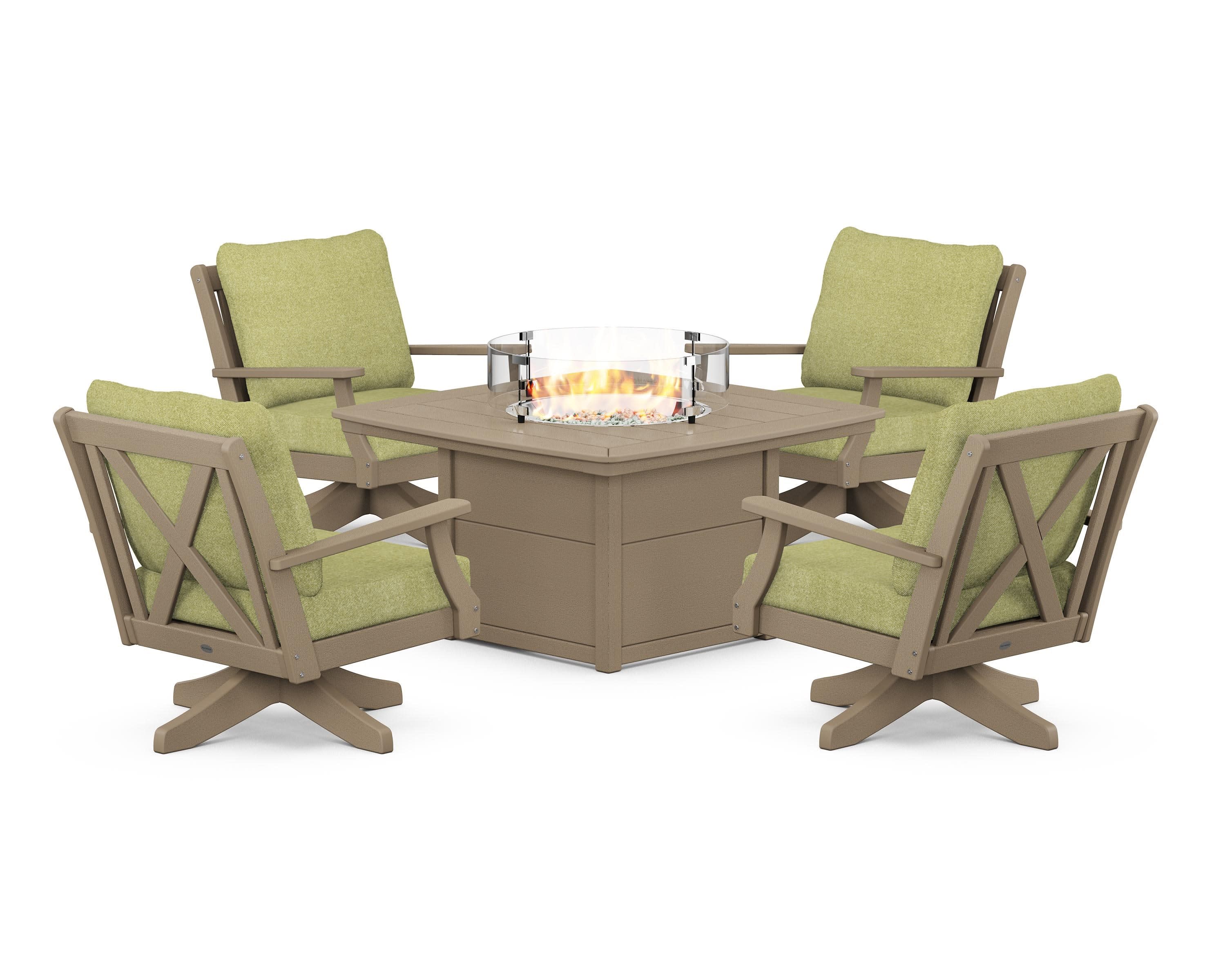 Braxton 5-Piece Deep Seating Swivel Conversation Set with Fire Pit Table in Vintage Sahara / Chartreuse Boucle