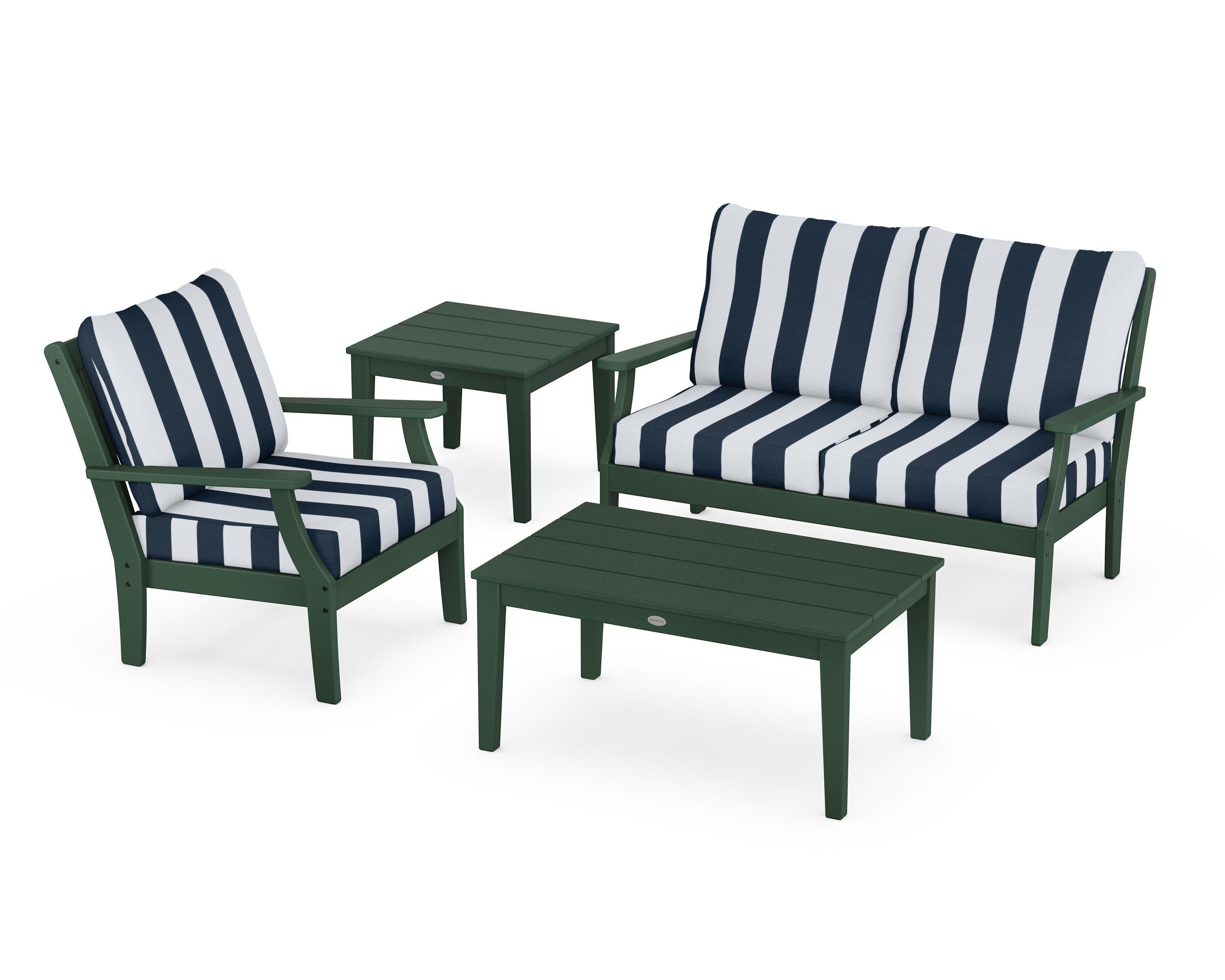 Braxton 4-Piece Deep Seating Set in Green / Cabana Stripe Marine Indigo