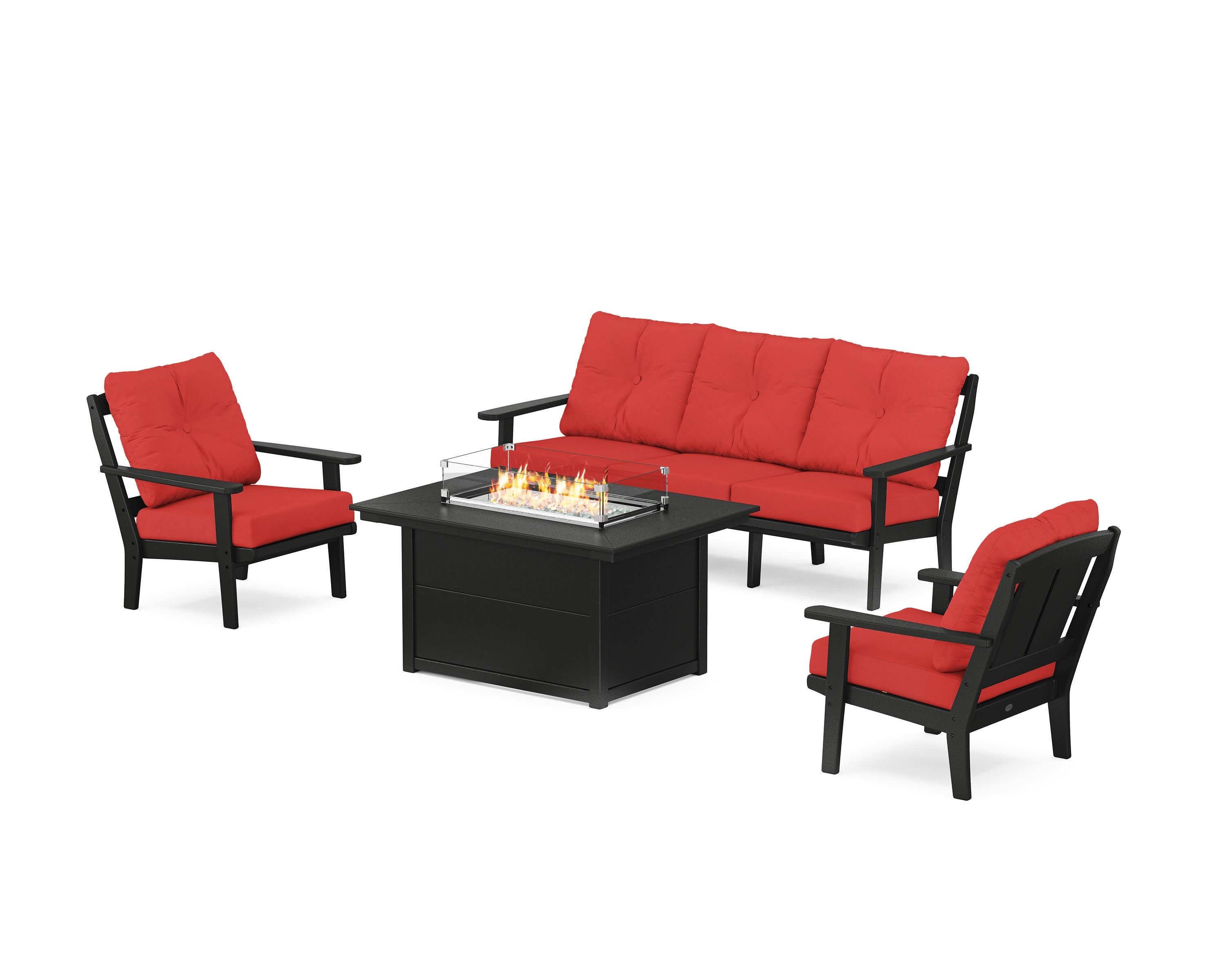 Mission Deep Seating Fire Pit Table Set in Black / Crimson Linen