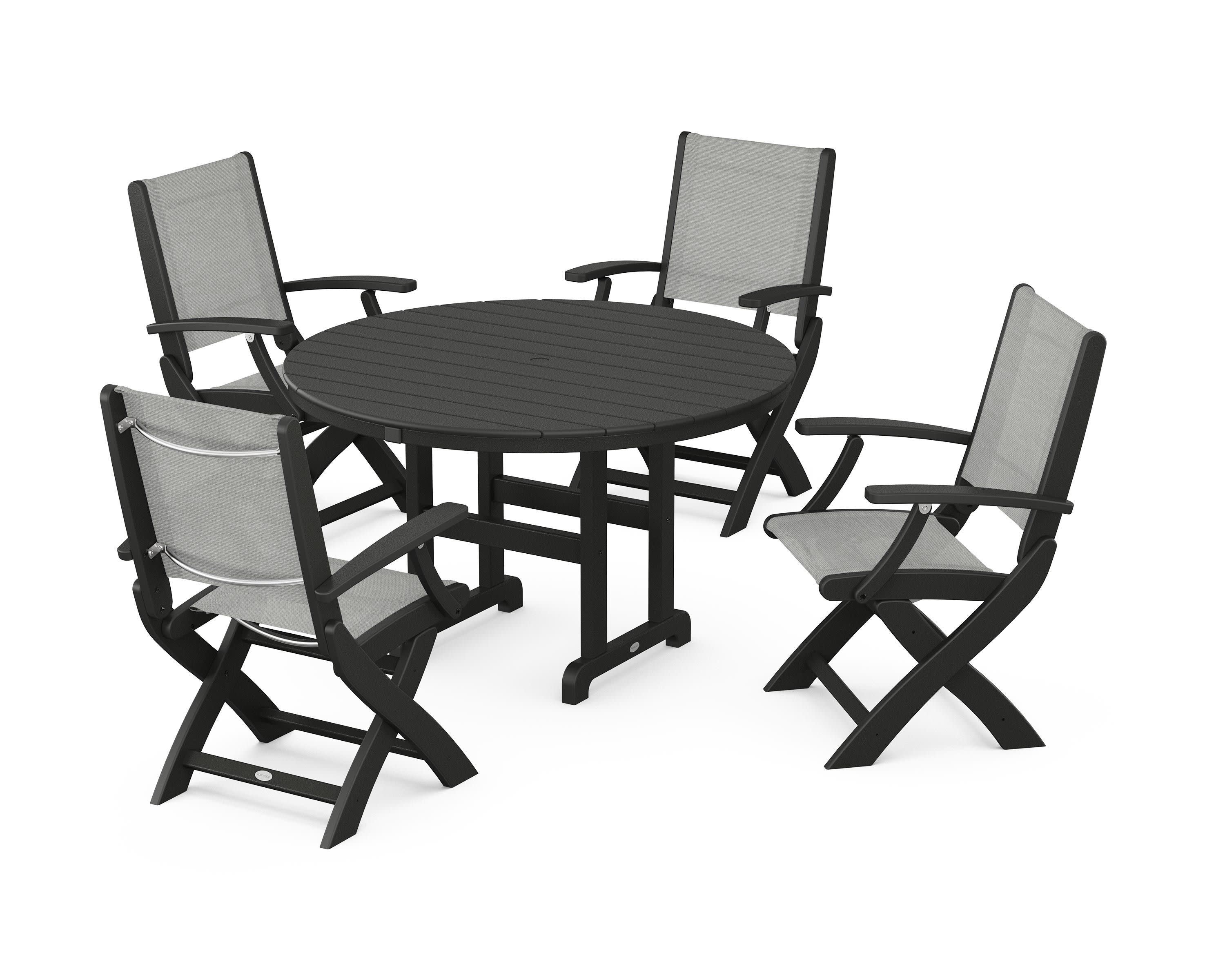 Coastal Folding Chair 5-Piece Round Dining Set in Black / Metallic Sling
