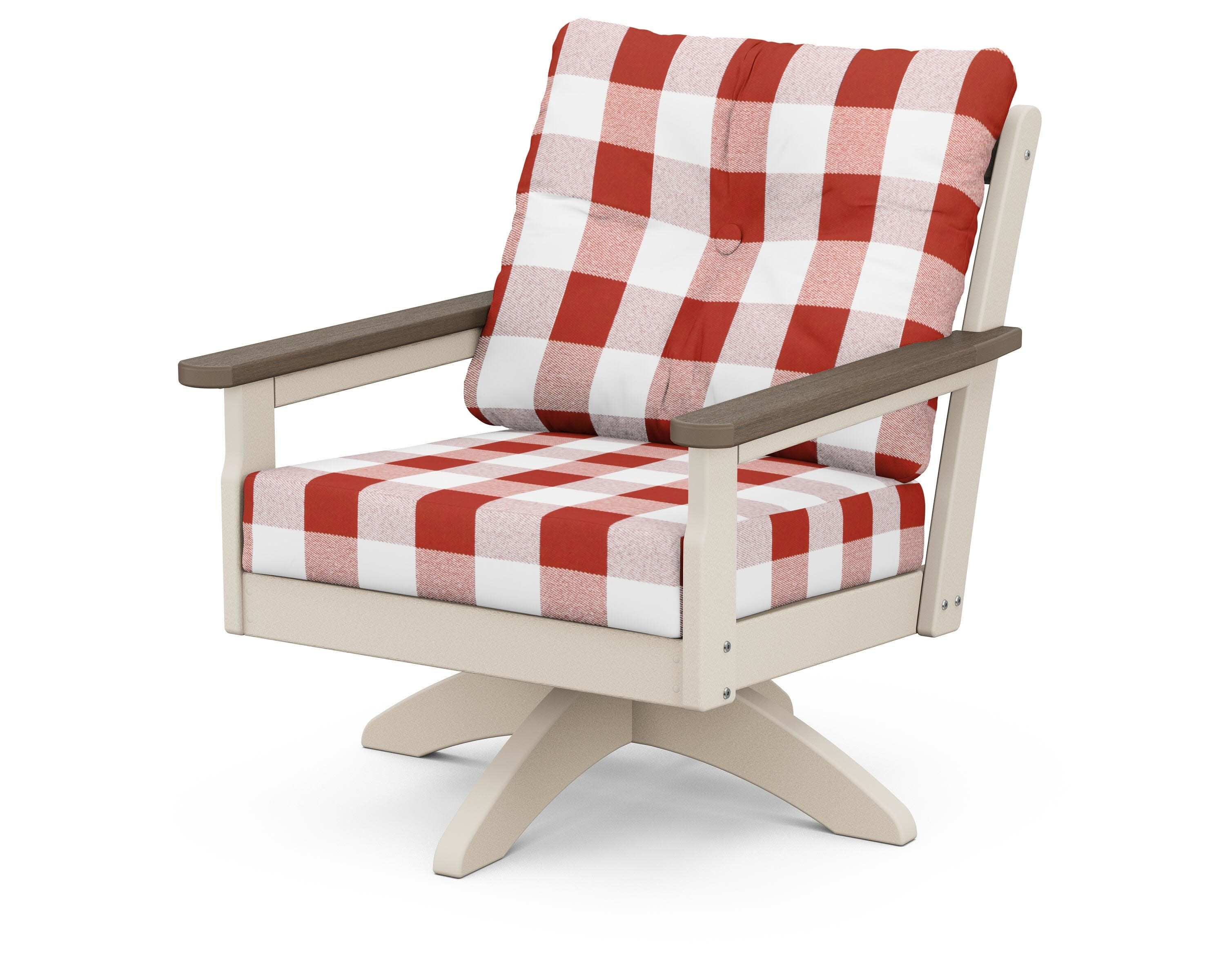 Vineyard Deep Seating Swivel Chair in Sand / Kona / Buffalo Plaid Crimson