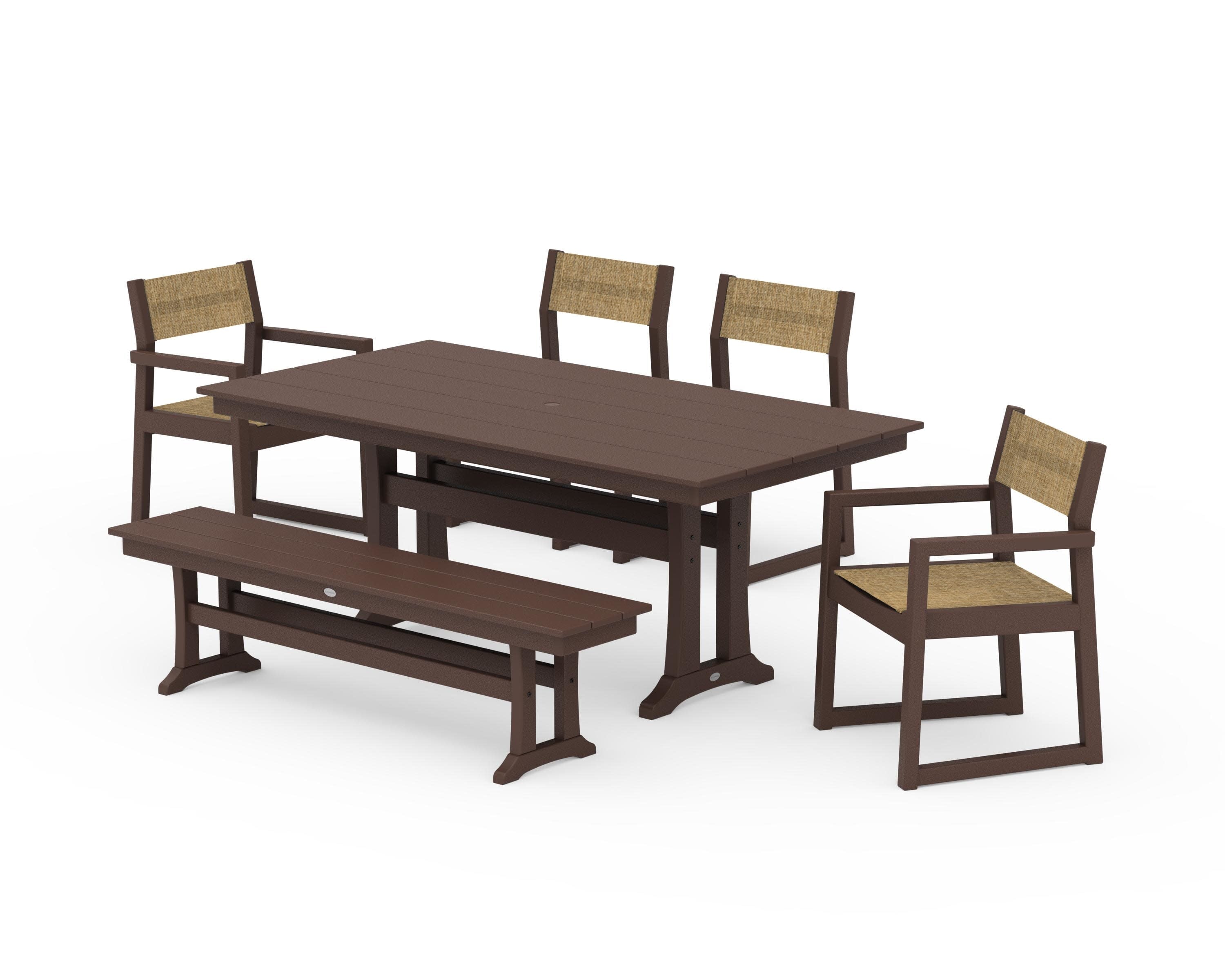 EDGE Sling 6-Piece Farmhouse Dining Set With Trestle Legs in Mahogany / Burlap Sling