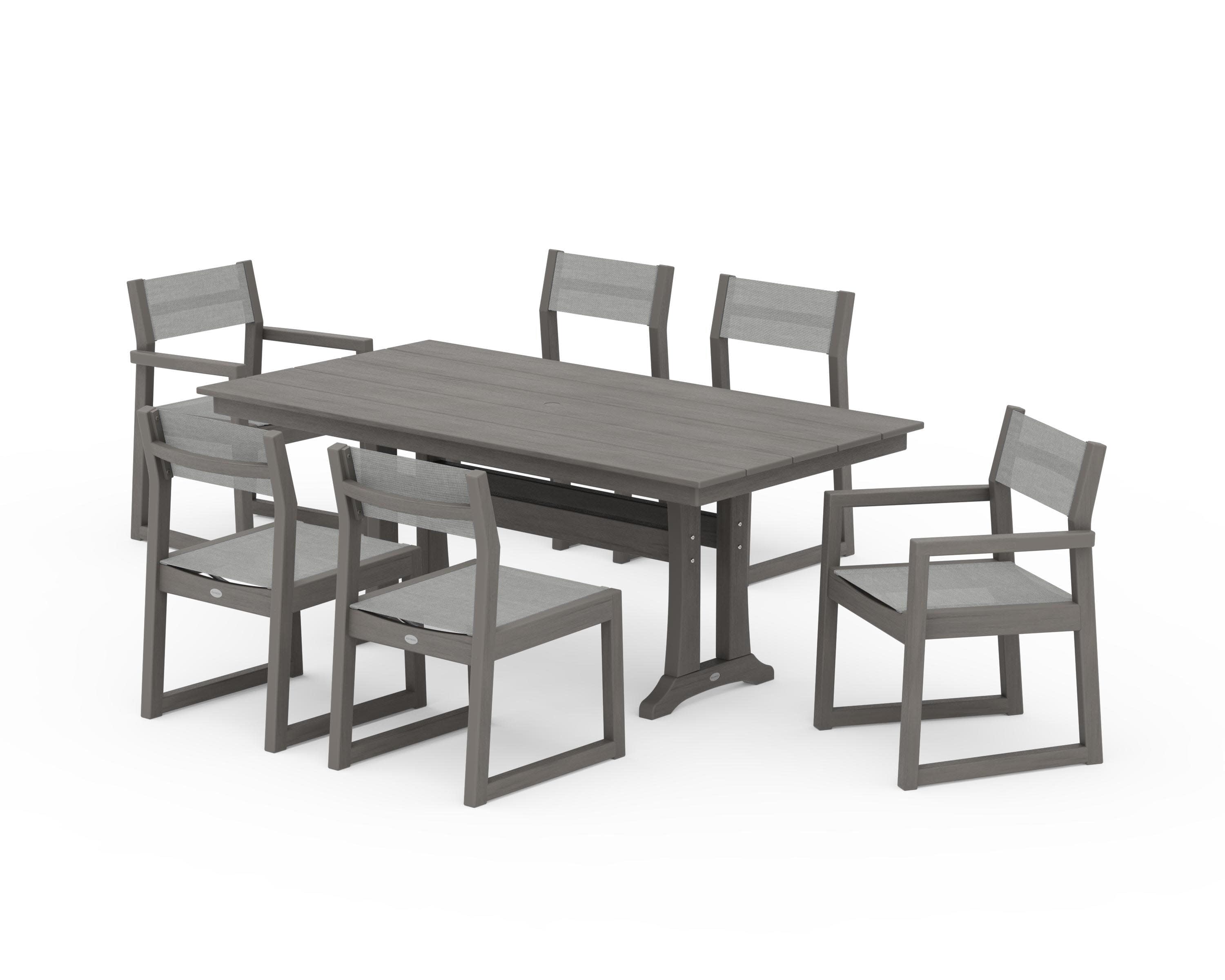EDGE Sling 7-Piece Farmhouse Trestle Dining Set in Driftwood / Metallic Sling