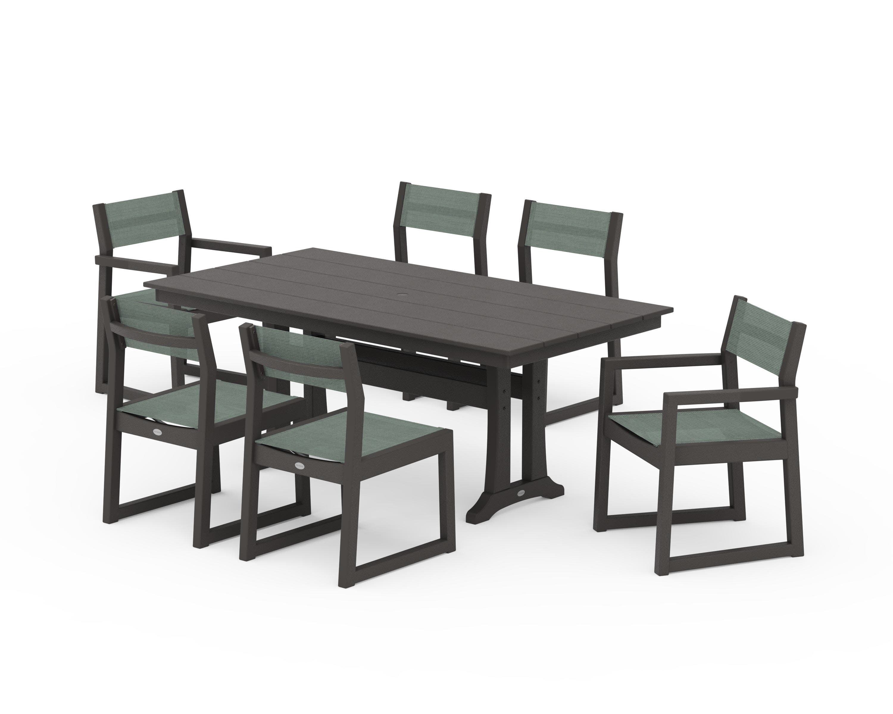 EDGE Sling 7-Piece Farmhouse Trestle Dining Set in Vintage Coffee / Dupioni Sea Mist Sling