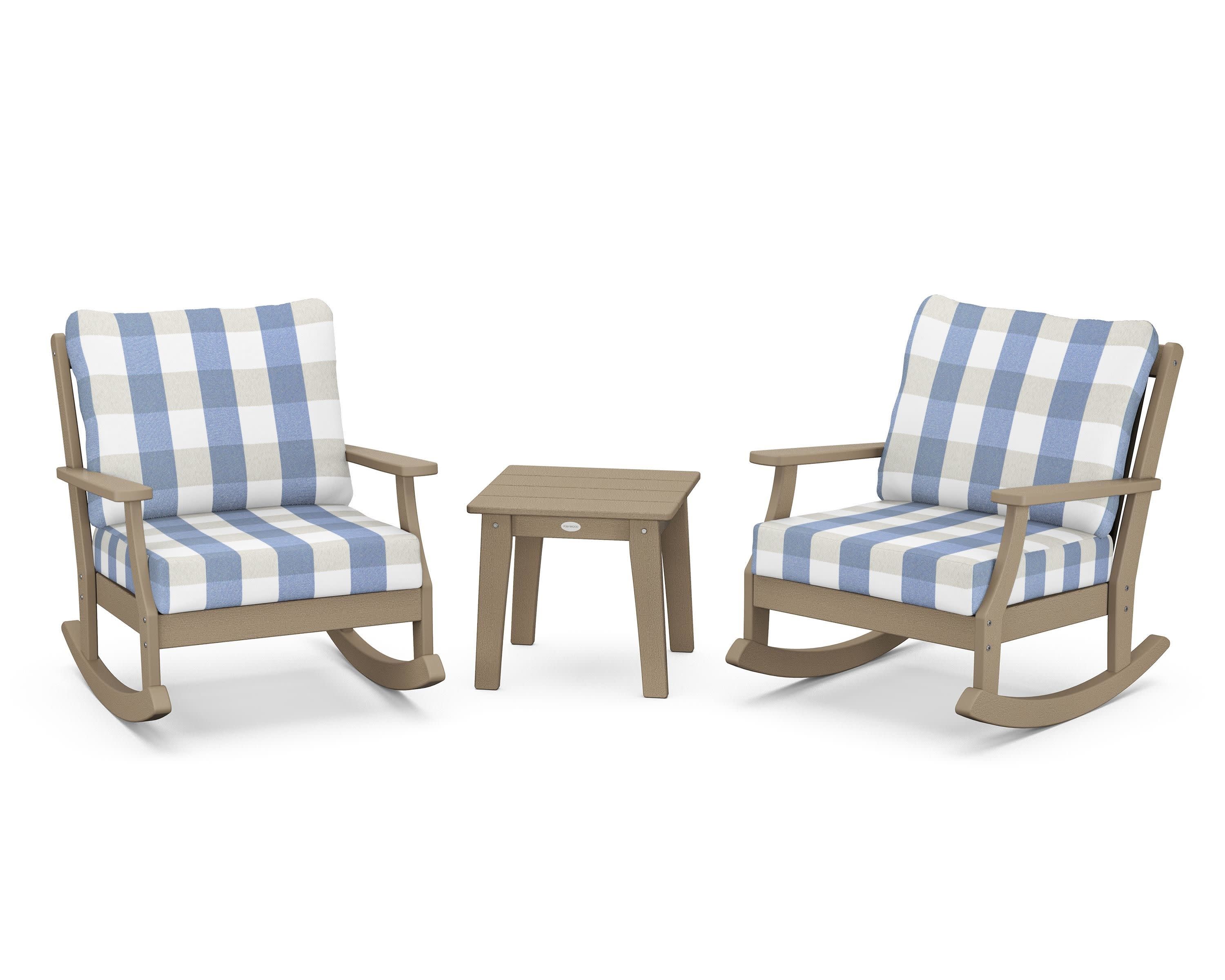 Braxton 3-Piece Deep Seating Rocker Set in Vintage Sahara / Buffalo Plaid Sky Blue