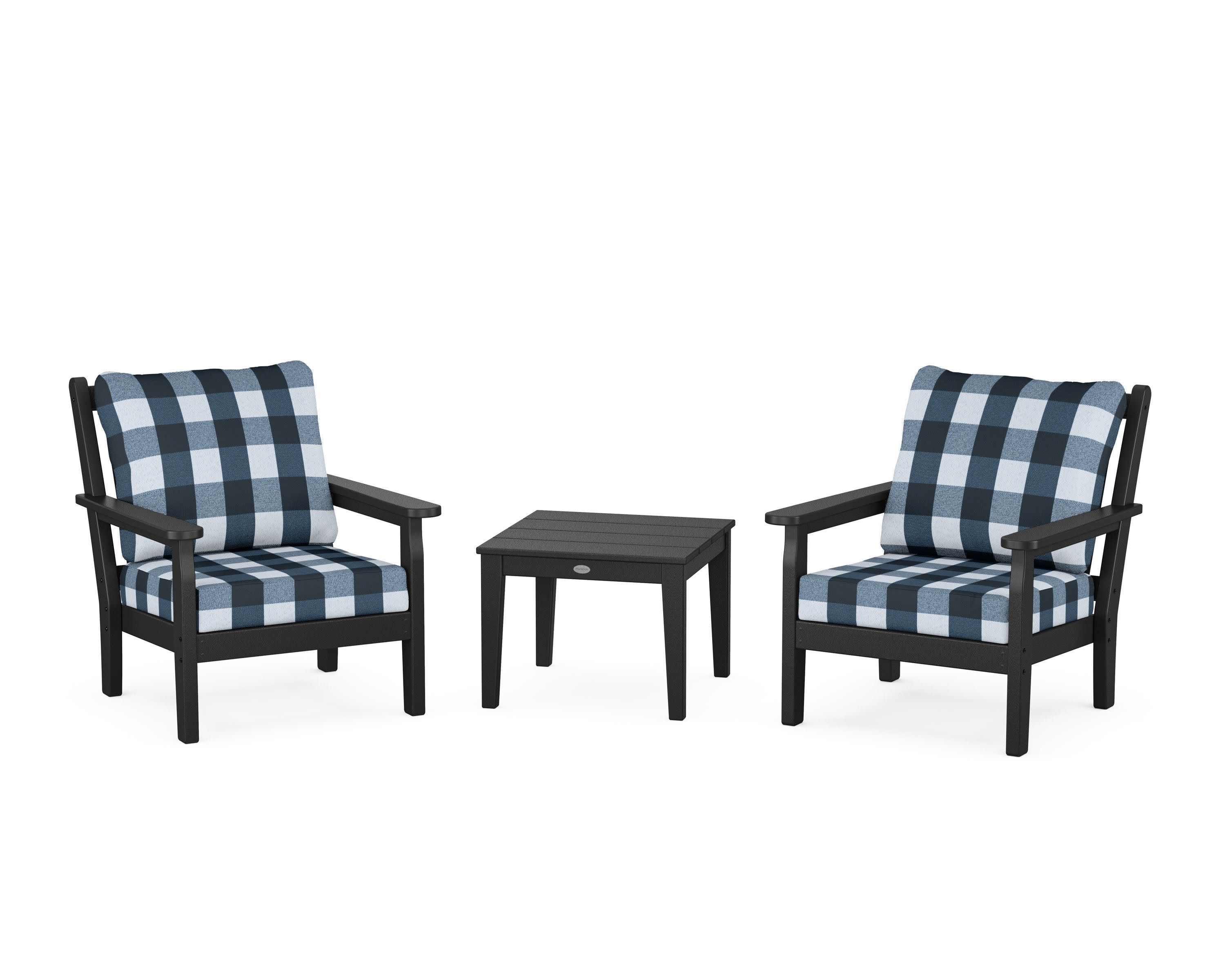Chippendale 3-Piece Deep Seating Set in Black / Buffalo Plaid Marine Indigo