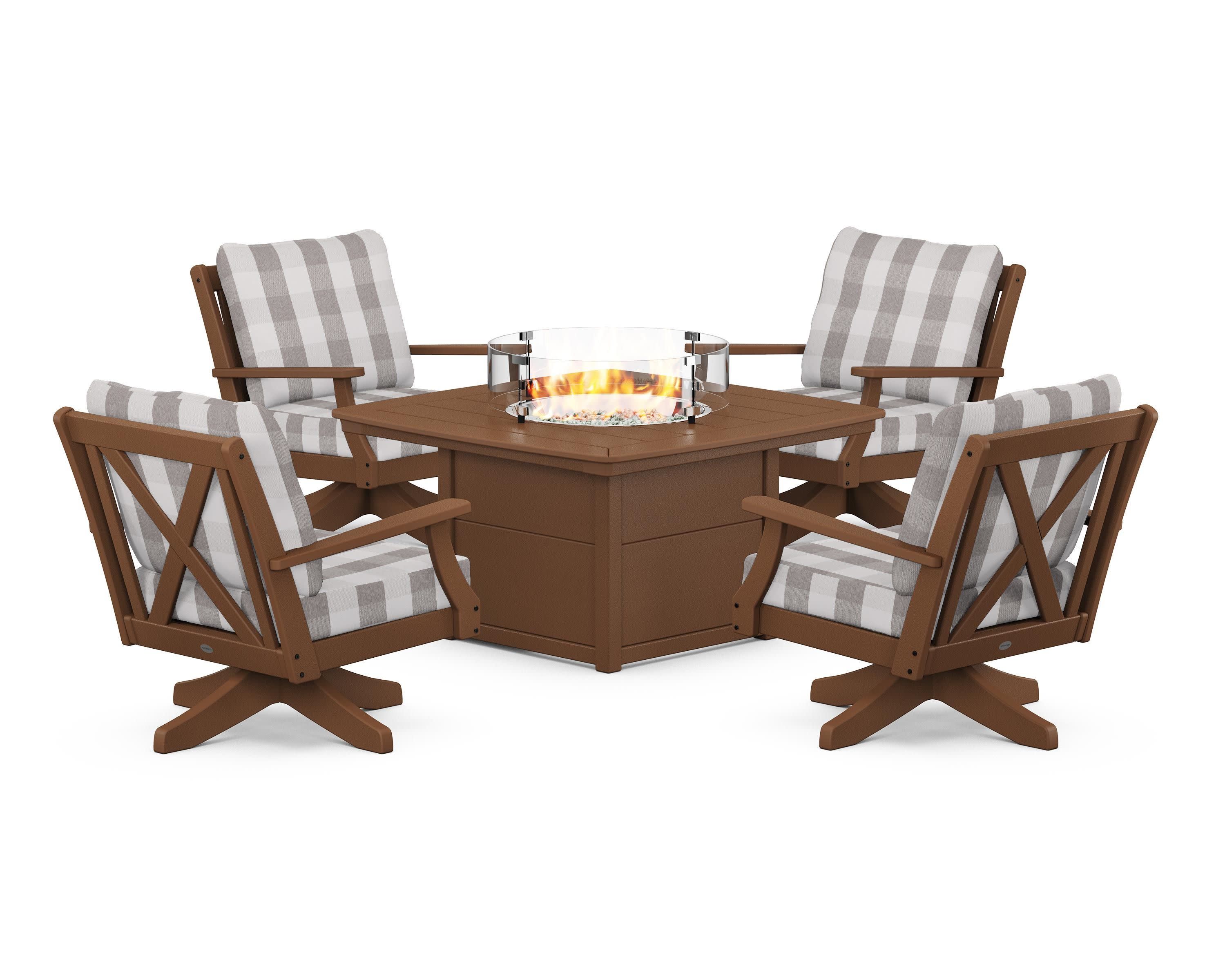 Braxton 5-Piece Deep Seating Swivel Conversation Set with Fire Pit Table in Teak / Buffalo Plaid Grey Mist