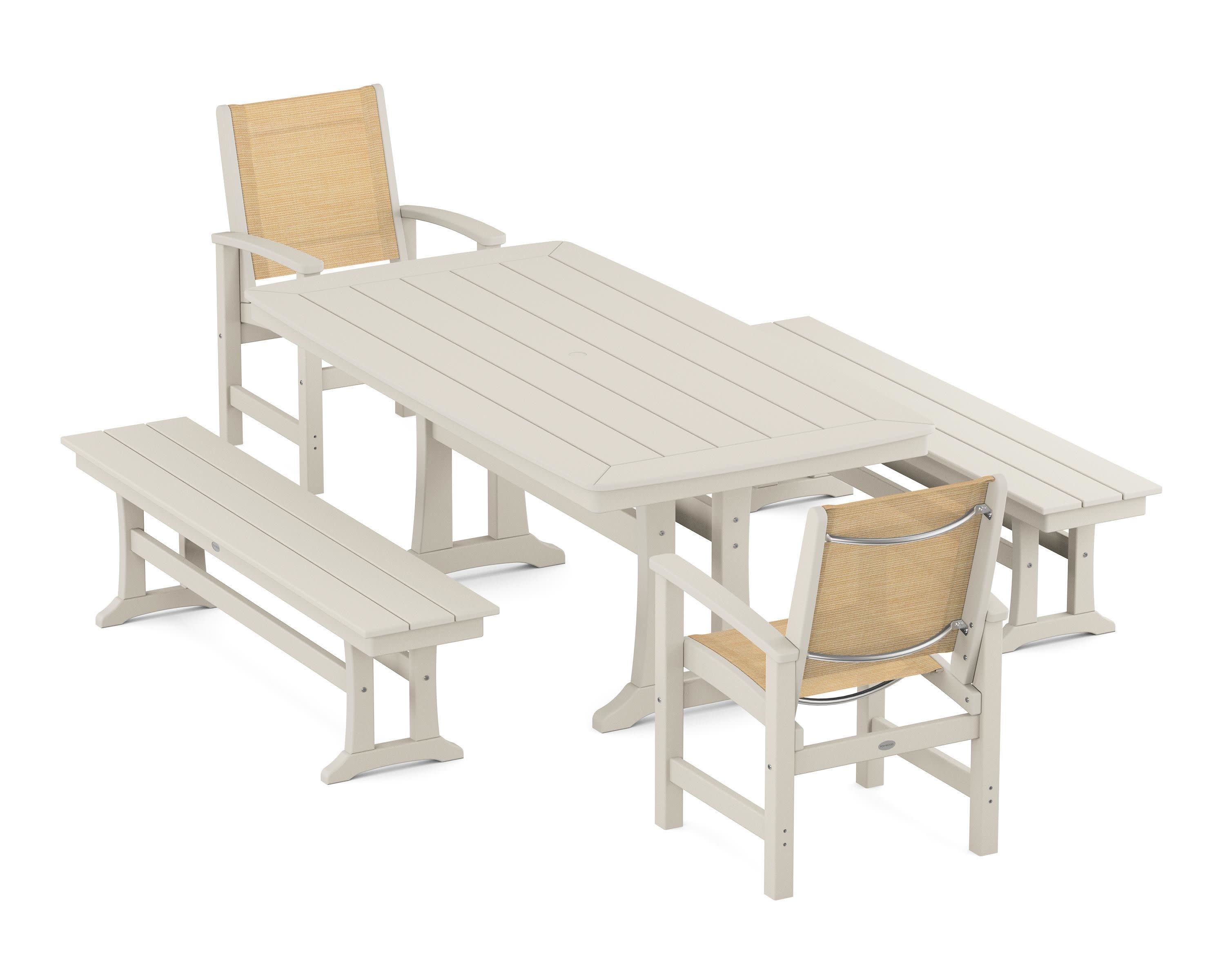 Coastal 5-Piece Dining Set with Trestle Legs and Benches in Sand / Dupioni Apricot Sling