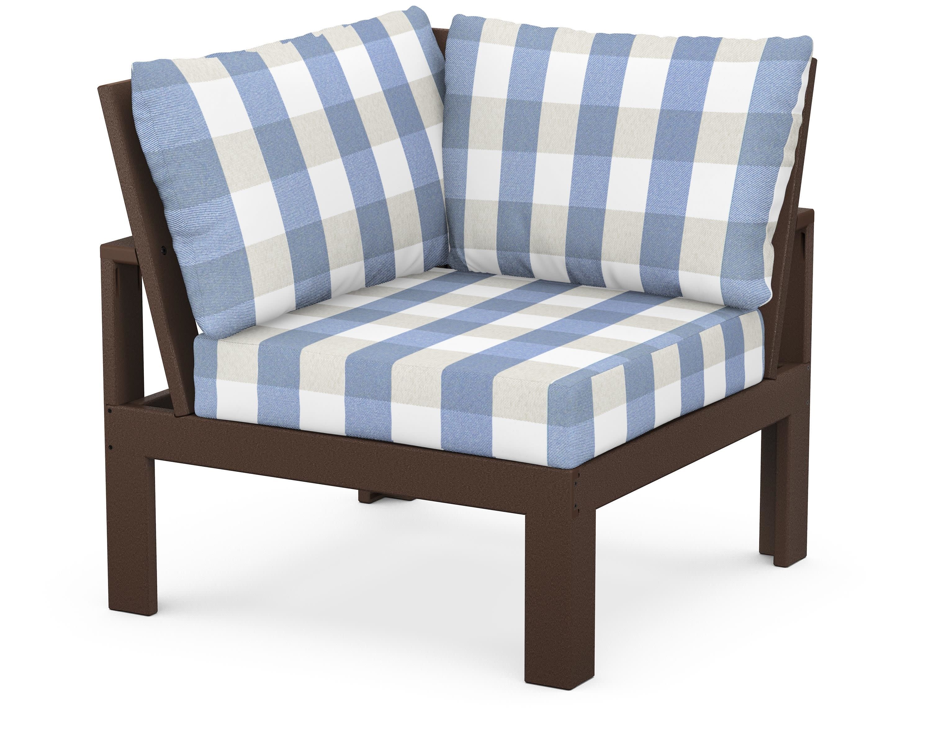 Modular Corner Chair in Mahogany / Buffalo Plaid Sky Blue