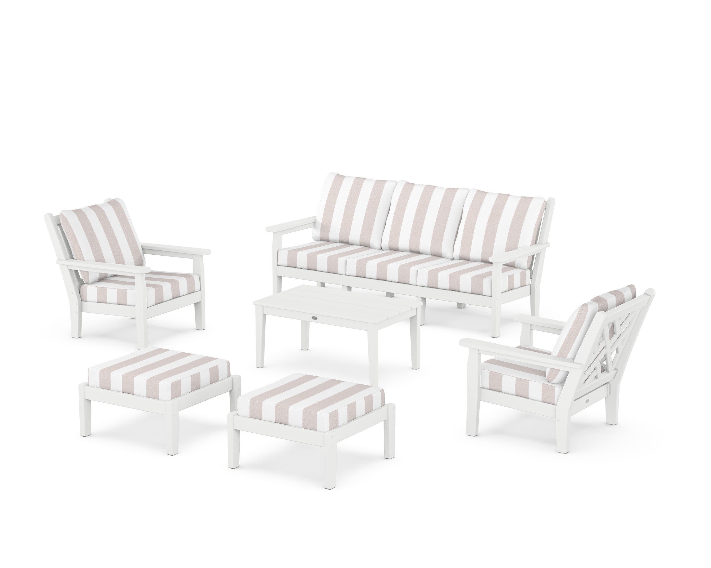 Chippendale 6-Piece Lounge Sofa Set in White / Cabana Stripe Dune Burlap