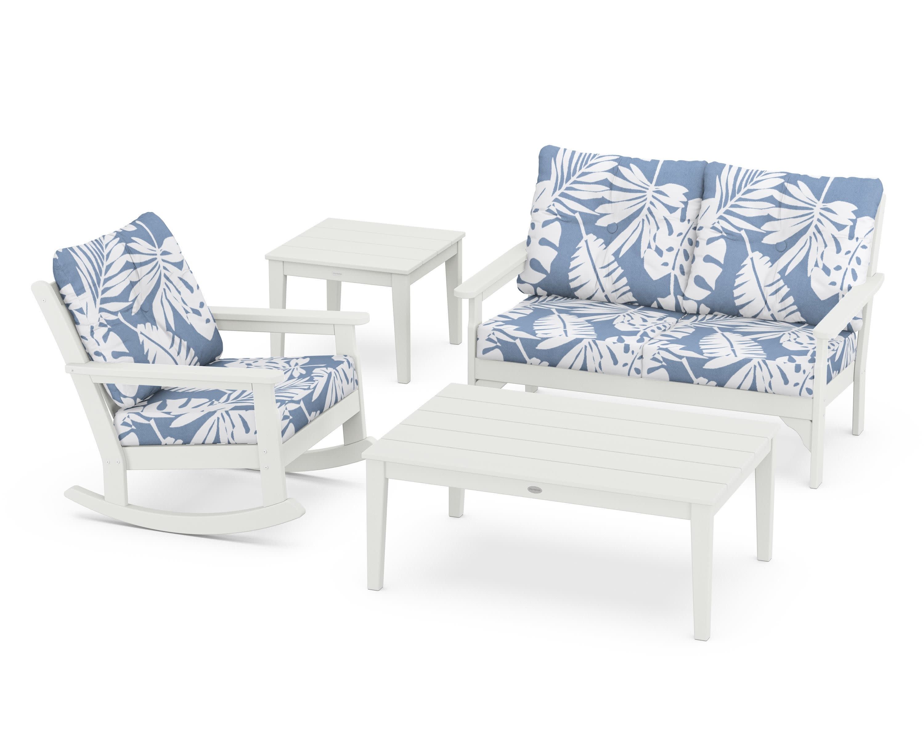 Vineyard 4-Piece Deep Seating Rocker Set in Vintage White / Leaf Sky Blue