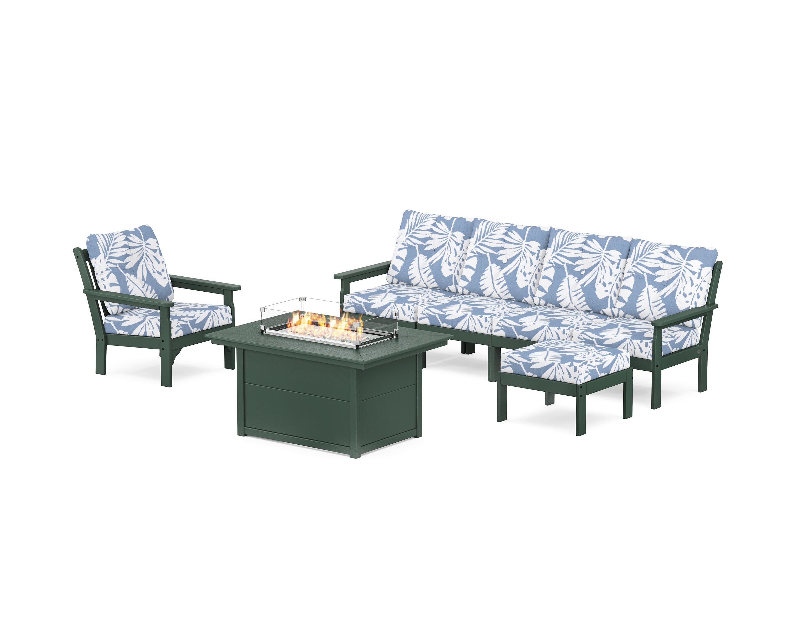Vineyard Sectional Lounge and Fire Pit Set in Green / Leaf Sky Blue