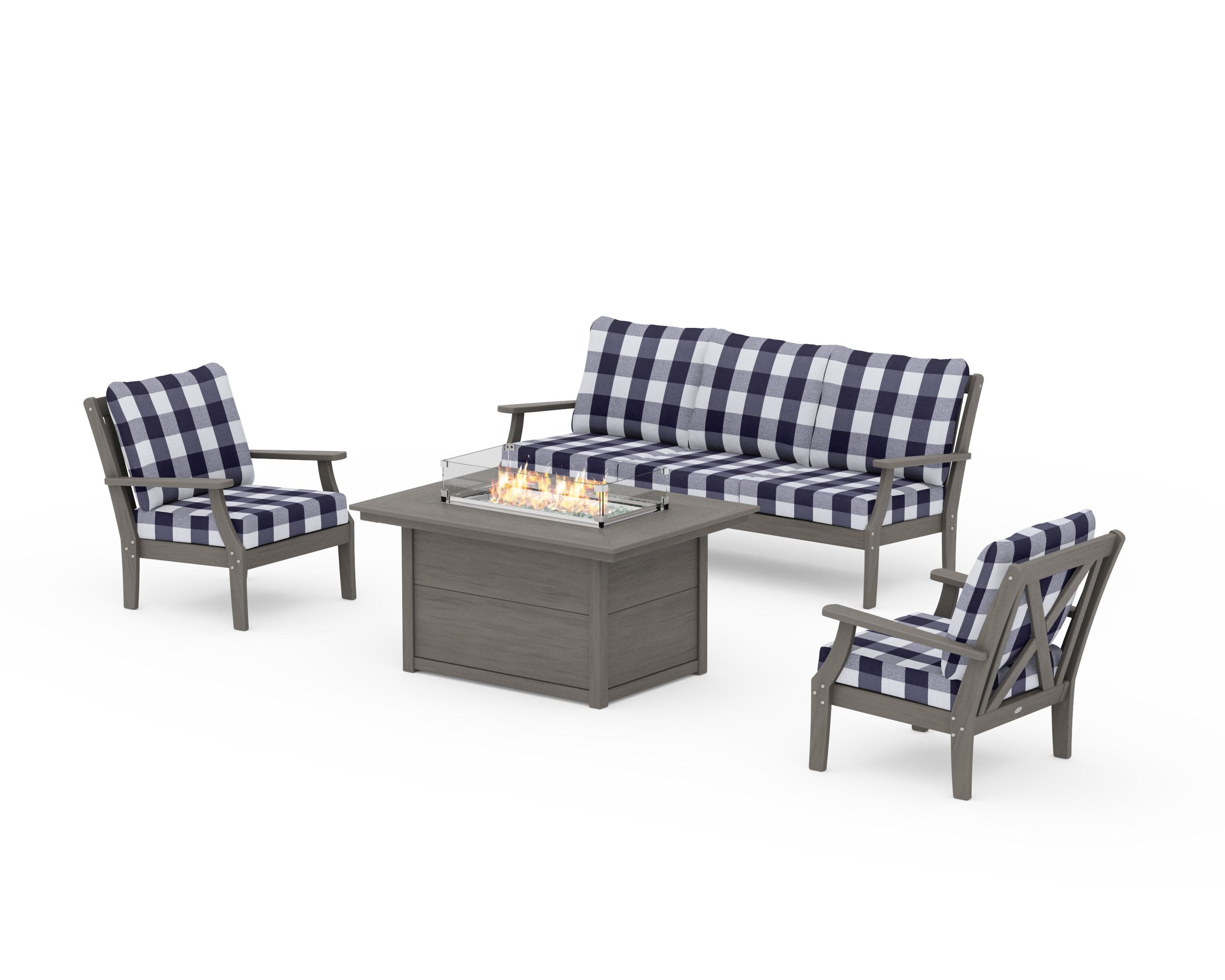 Braxton Deep Seating Fire Pit Table Set in Driftwood / Buffalo Plaid Navy