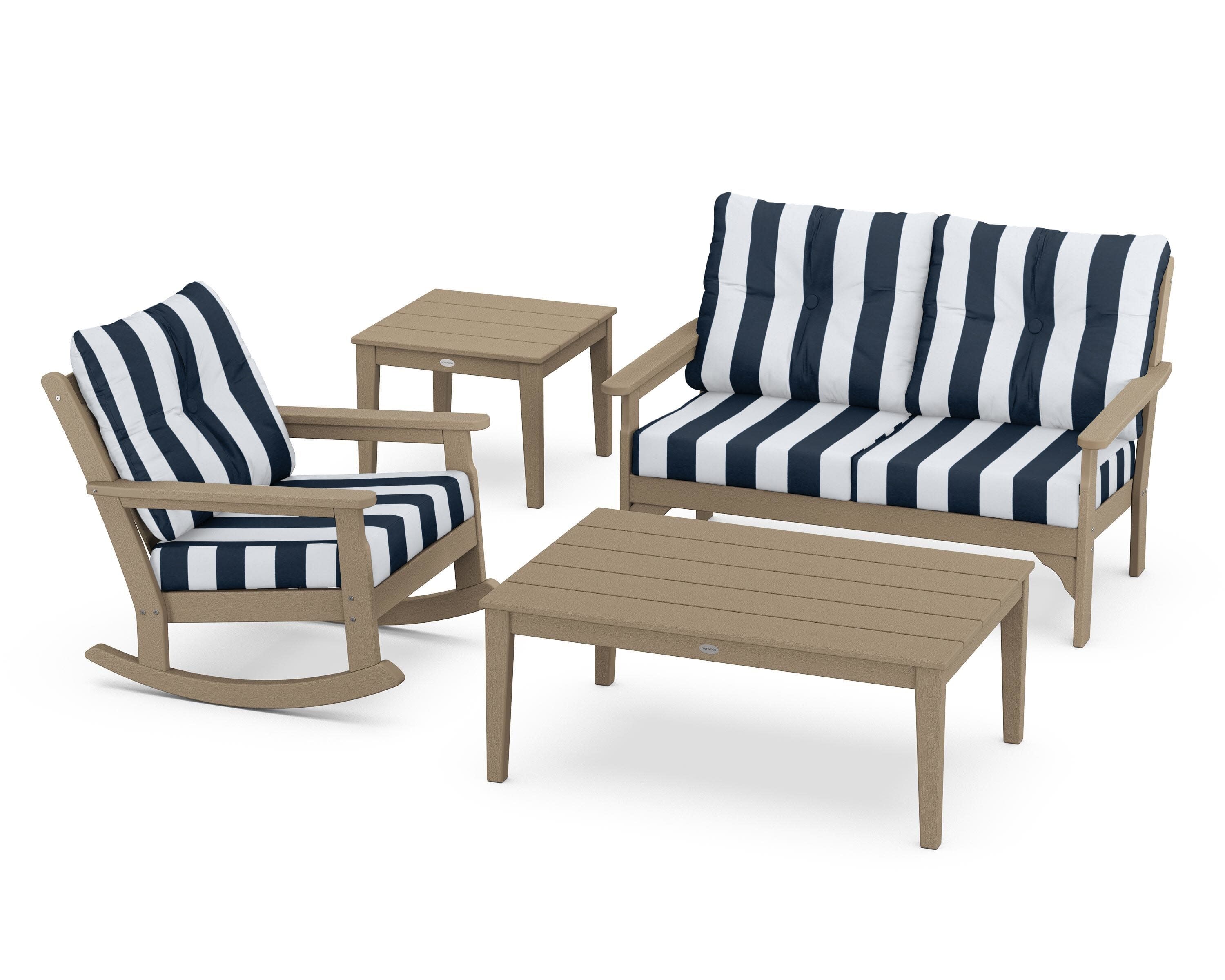 Vineyard 4-Piece Deep Seating Rocker Set in Vintage Sahara / Cabana Stripe Marine Indigo