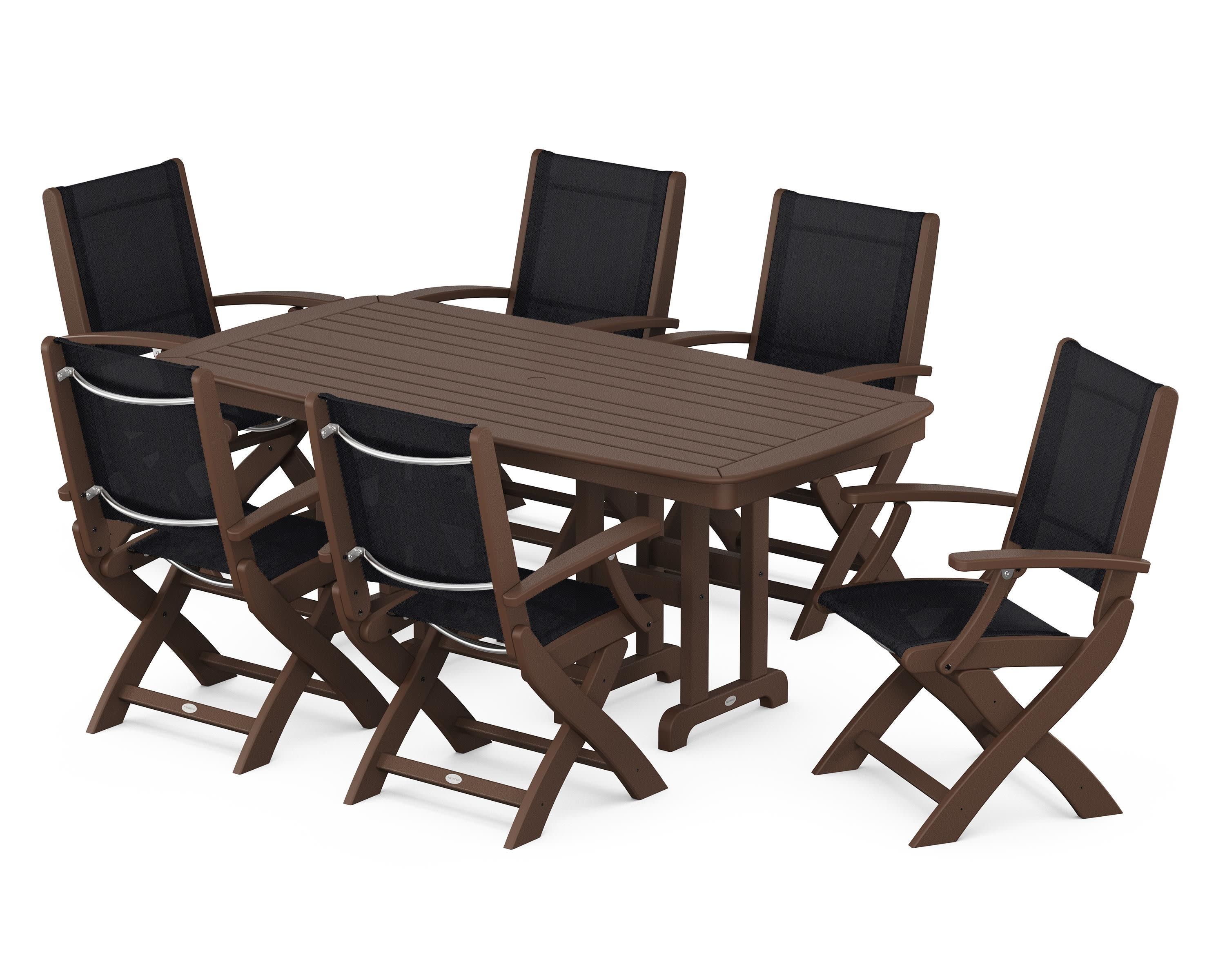 Coastal Folding Arm Chair 7-Piece Dining Set in Mahogany / Black Sling