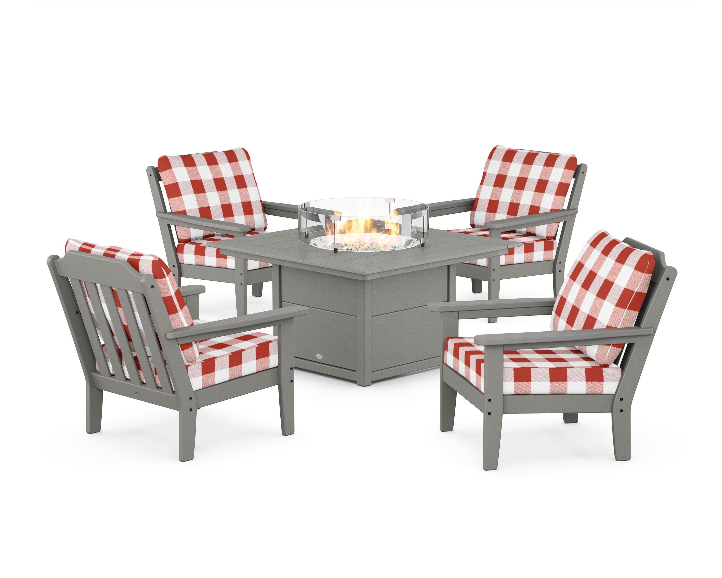 Cottage 5-Piece Deep Seating Set with Fire Pit Table in Slate Grey / Buffalo Plaid Crimson