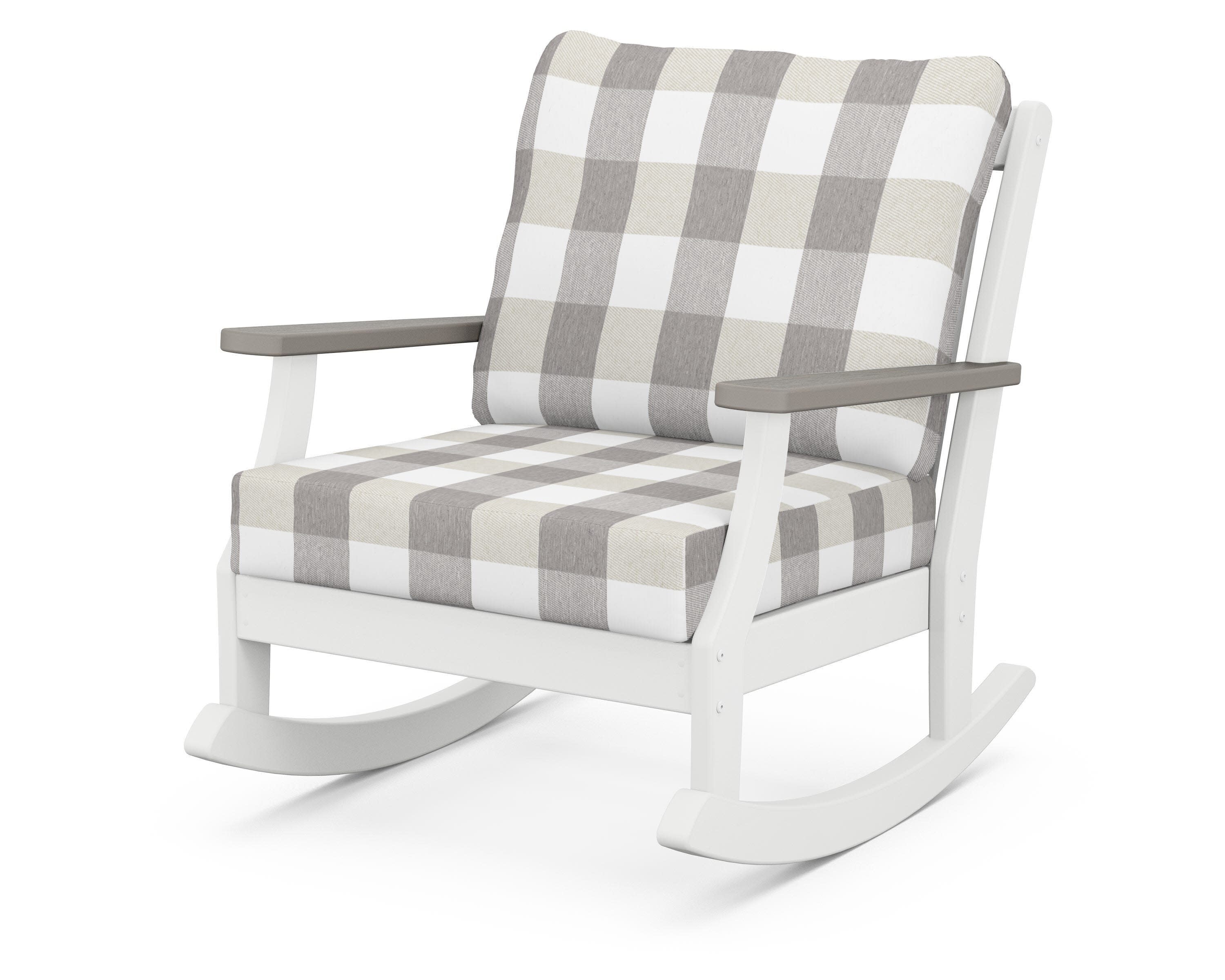 Braxton Deep Seating Rocking Chair in White / Driftwood / Buffalo Plaid Grey Mist