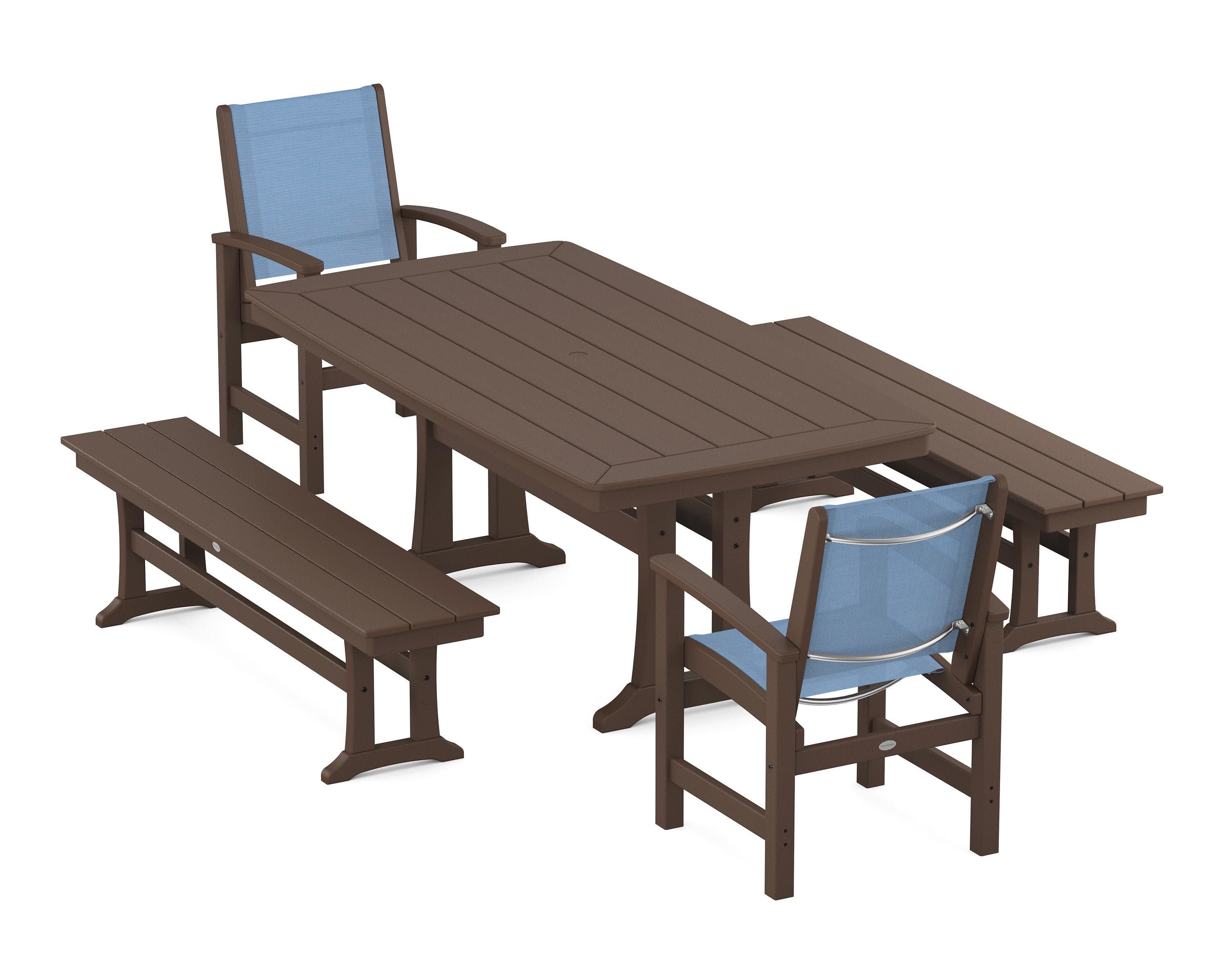 Coastal 5-Piece Dining Set with Trestle Legs and Benches in Mahogany / Poolside Sling