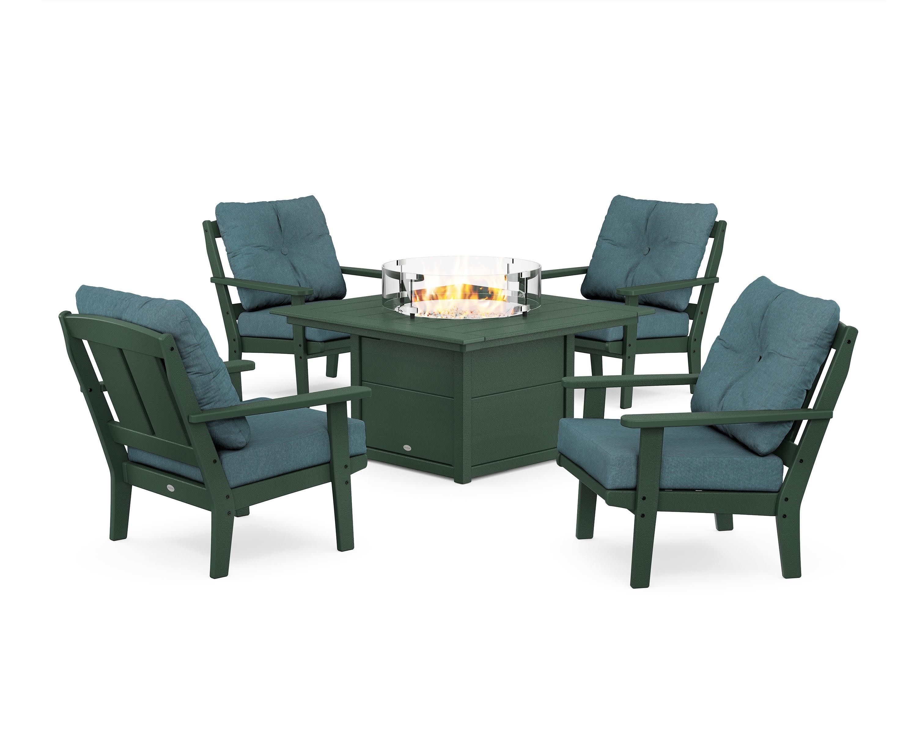 Mission 5-Piece Deep Seating Set with Fire Pit Table in Green / Ocean Teal