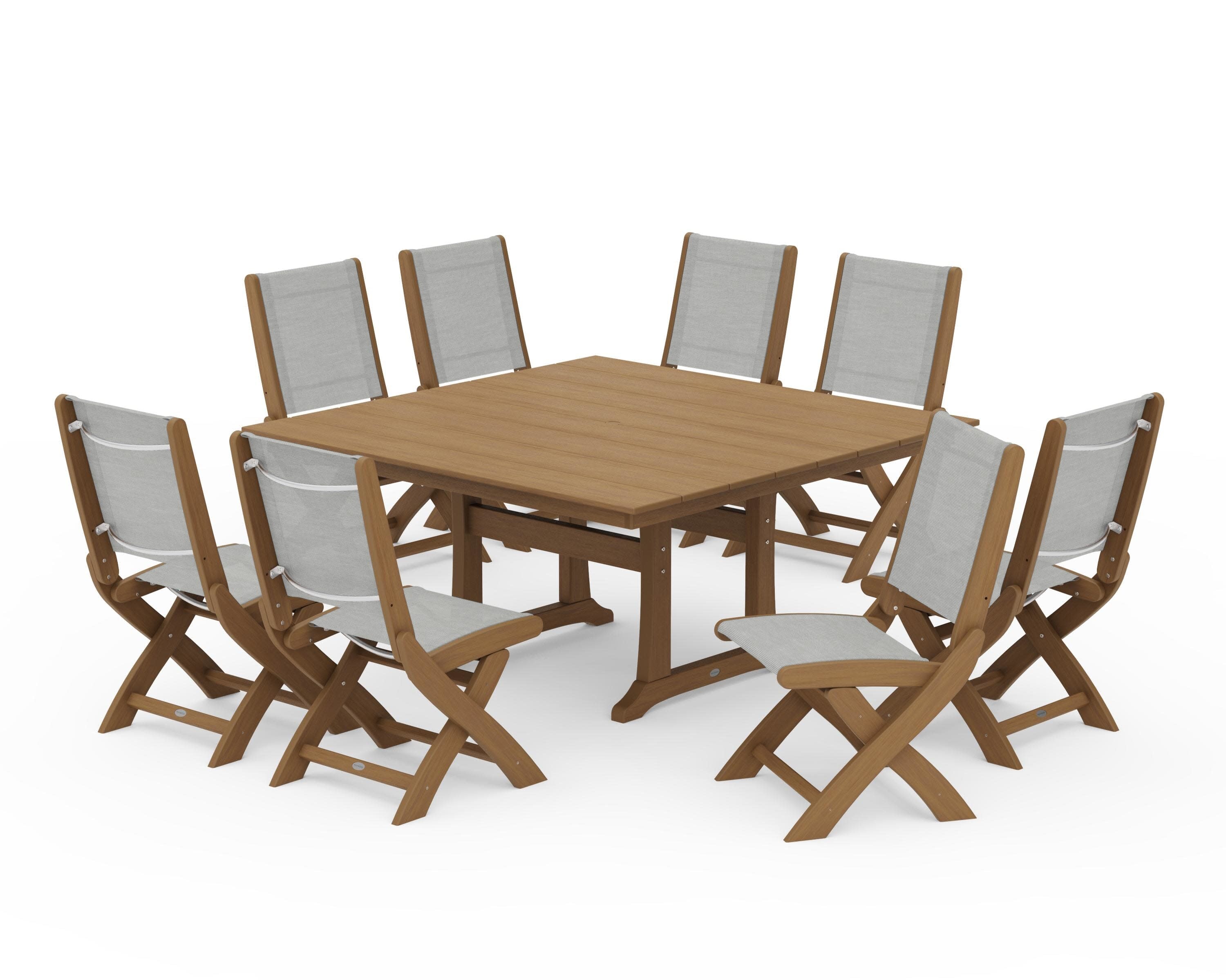 Coastal Folding Side Chair 9-Piece Farmhouse Dining Set in Natural / Metallic Sling