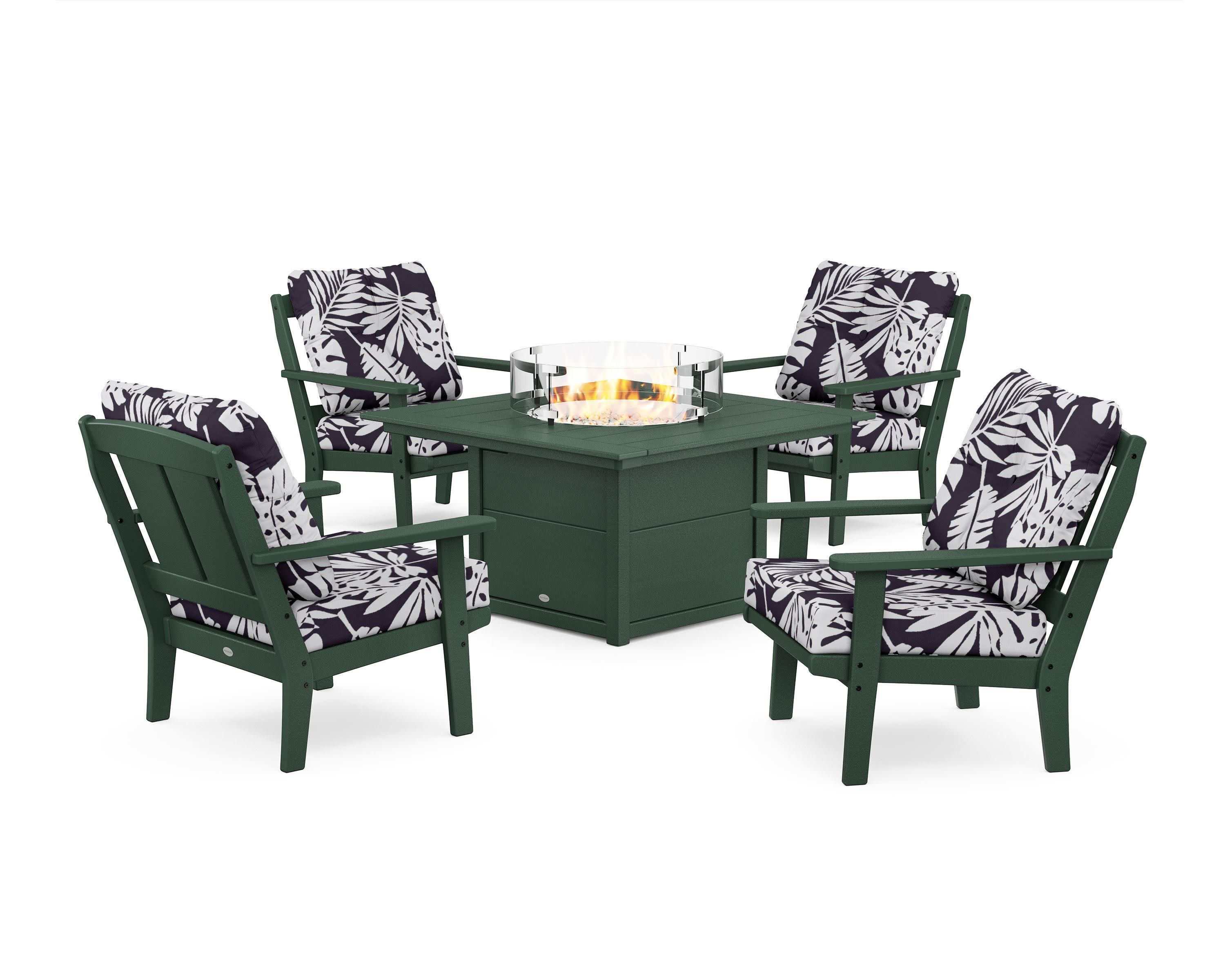 Mission 5-Piece Deep Seating Set with Fire Pit Table in Green / Leaf Navy