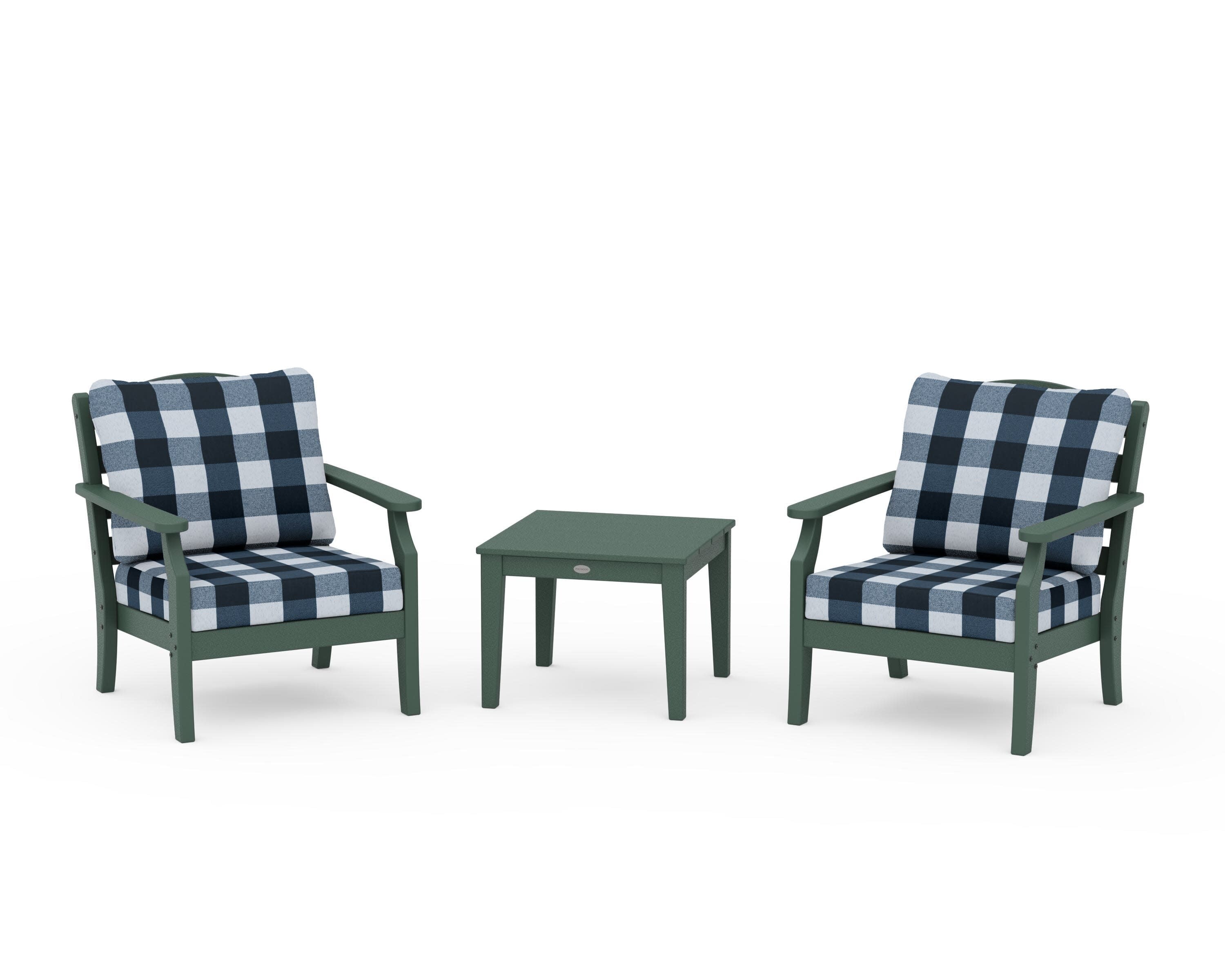 Savannah 3-Piece Deep Seating Set in Green / Buffalo Plaid Marine Indigo