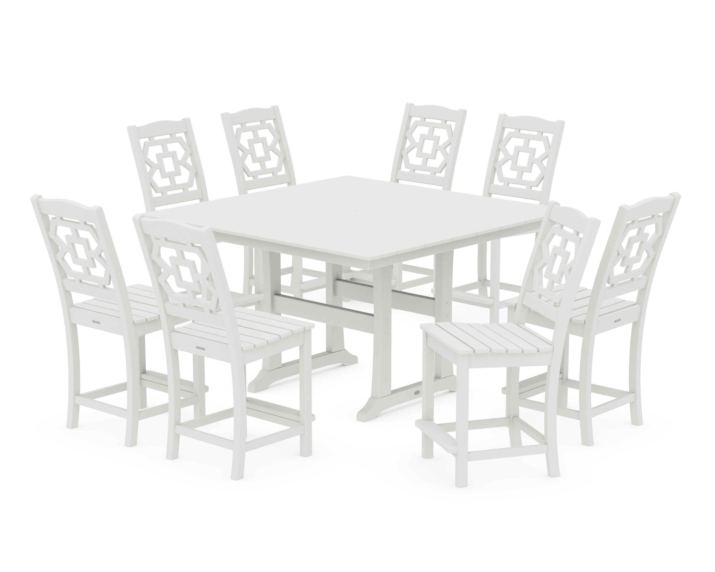 Chinoiserie 9-Piece Square Farmhouse Side Chair Counter Set with Trestle Legs in Vintage White