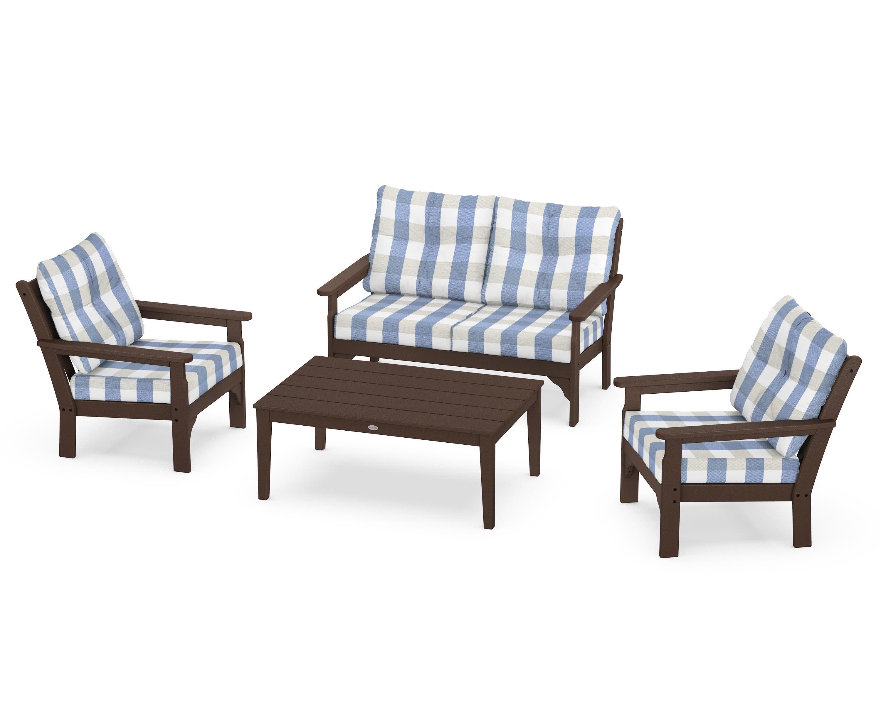 Vineyard 4-Piece Deep Seating Set in Mahogany / Buffalo Plaid Sky Blue