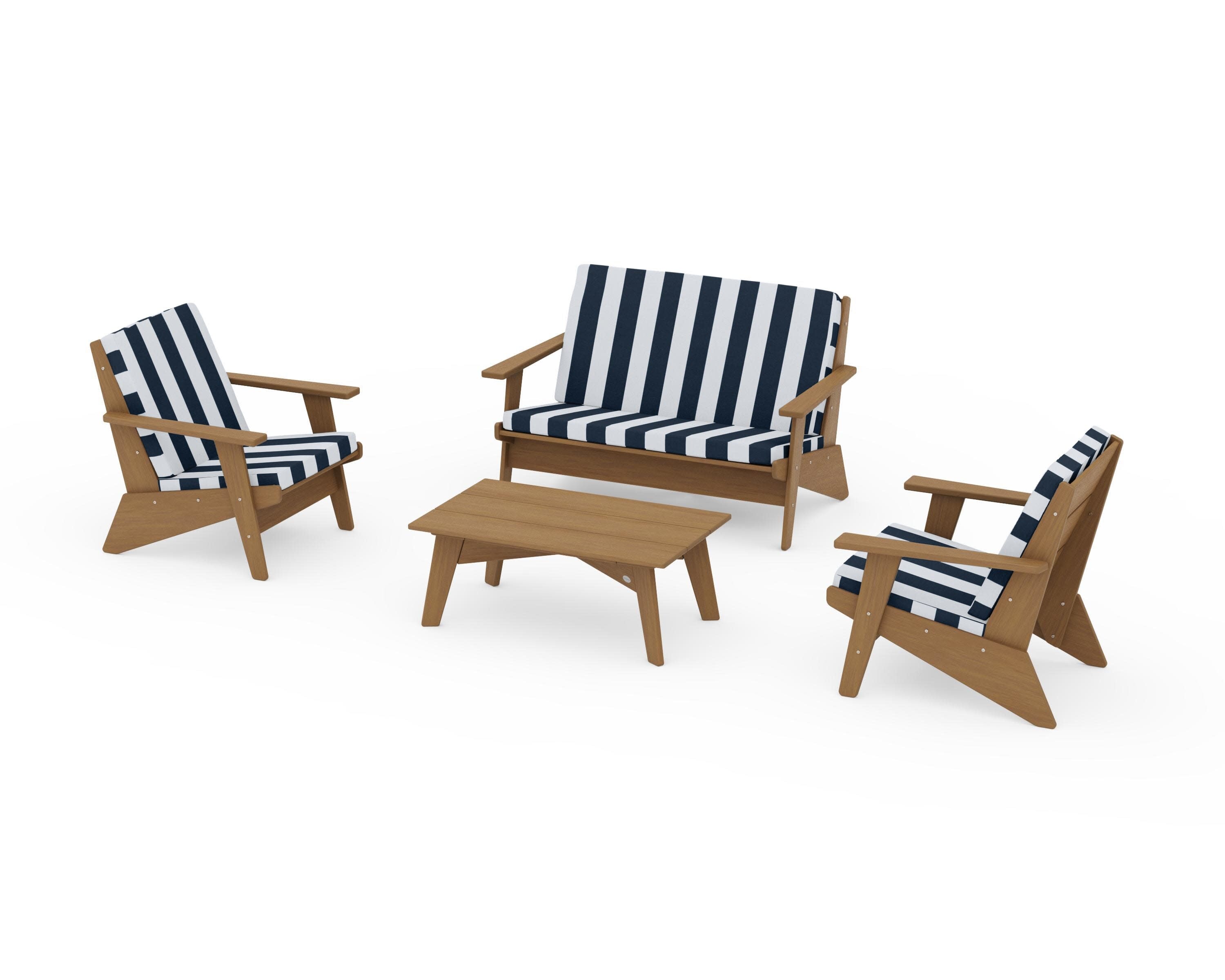 Riviera Modern Lounge 4-Piece Set in Natural / Cabana Stripe Marine Indigo