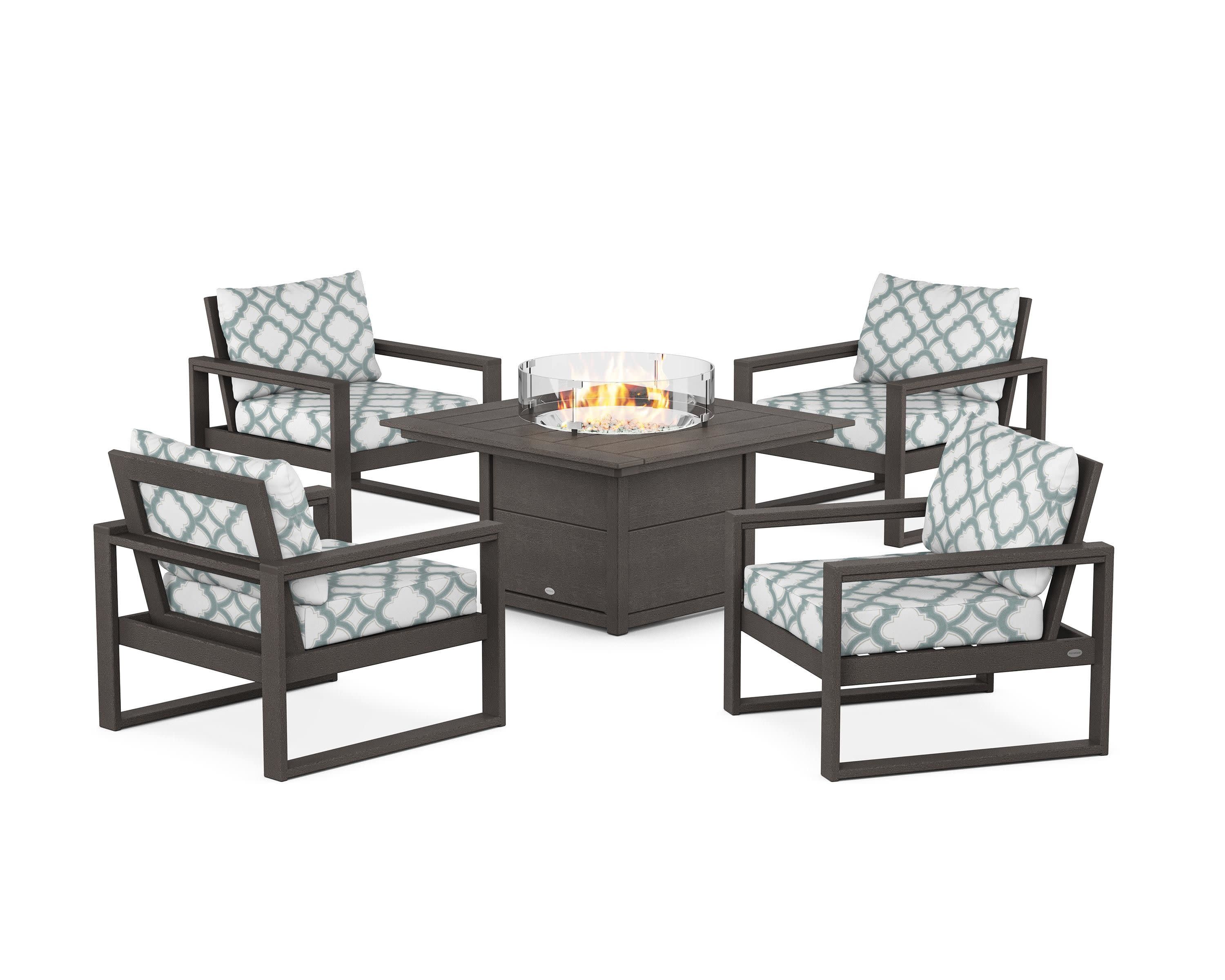 EDGE Sectional 5-Piece Deep Seating Set with Fire Pit Table in Vintage Coffee / Trellis Glacier Spa