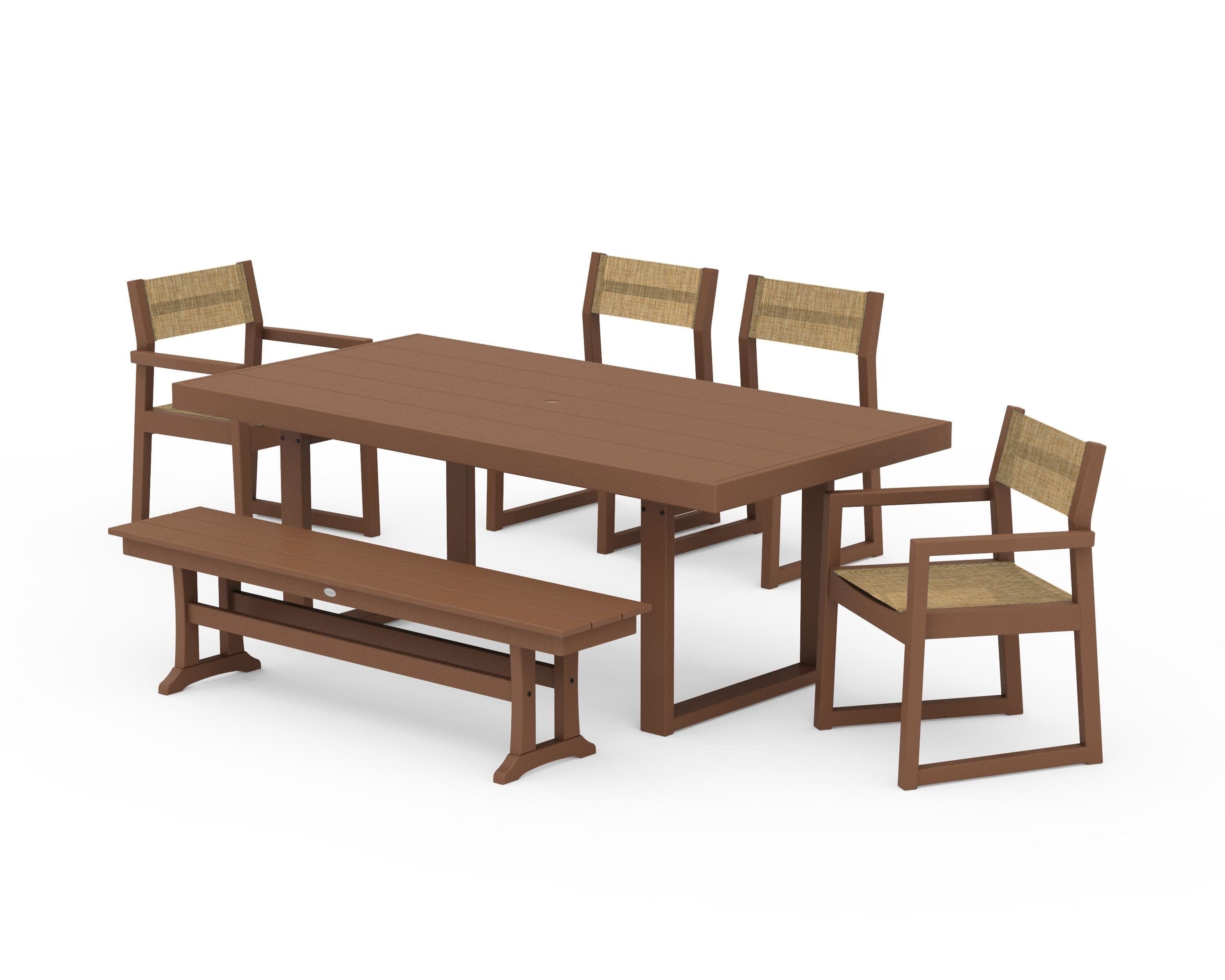 EDGE Sling 6-Piece Dining Set with Bench in Teak / Burlap Sling