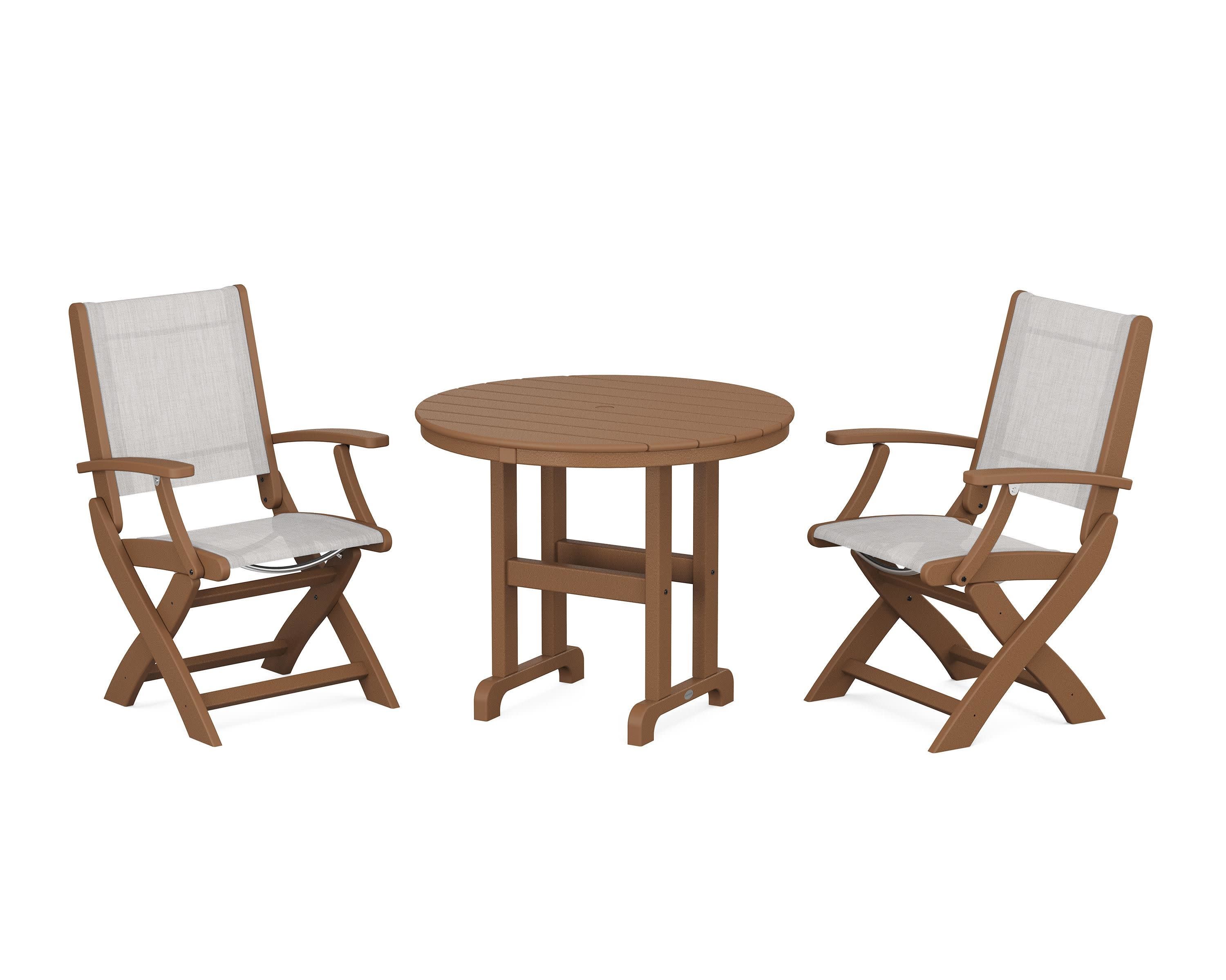 Coastal Folding Chair 3-Piece Round Dining Set in Teak / Parchment Sling