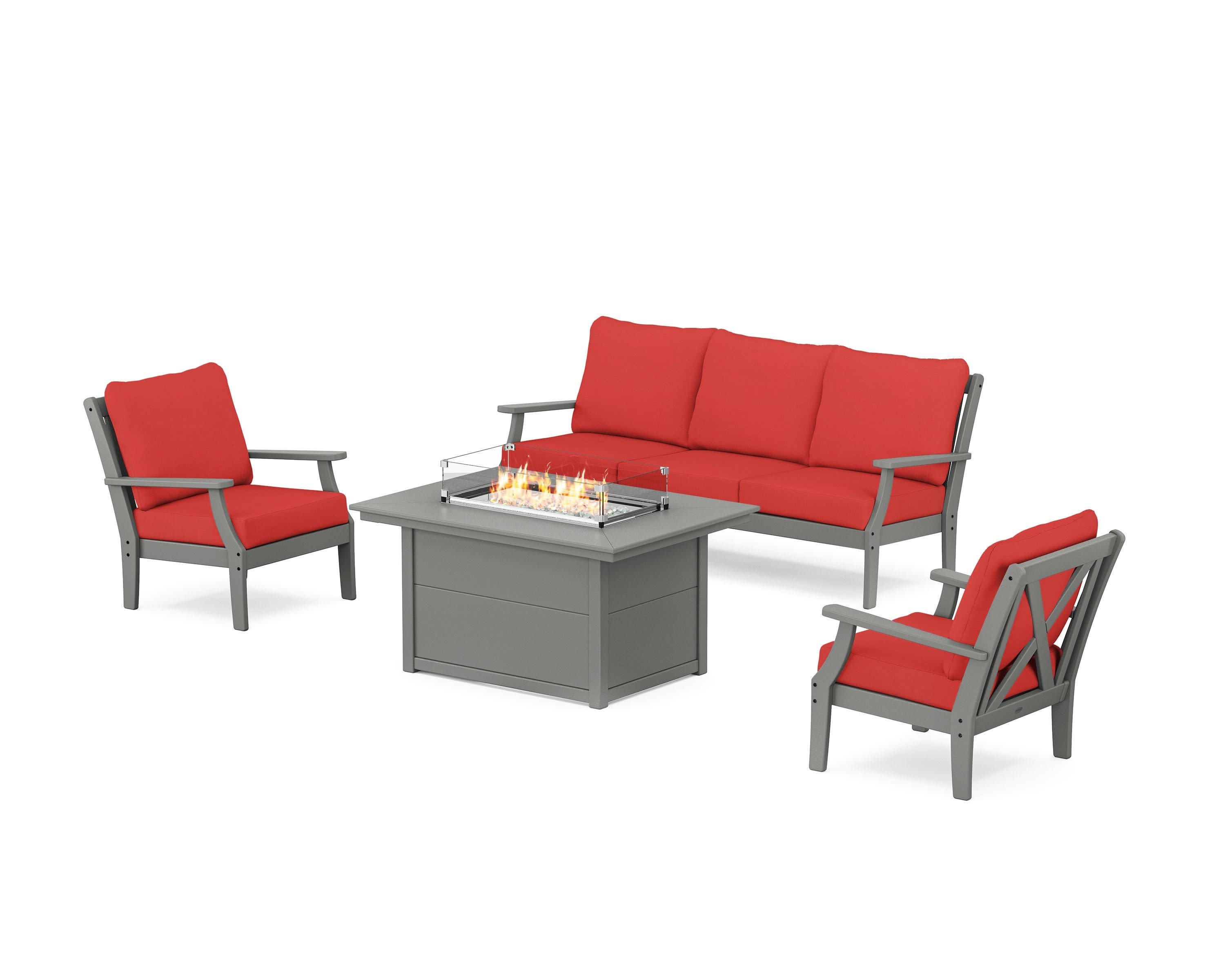 Braxton Deep Seating Fire Pit Table Set in Slate Grey / Crimson Linen