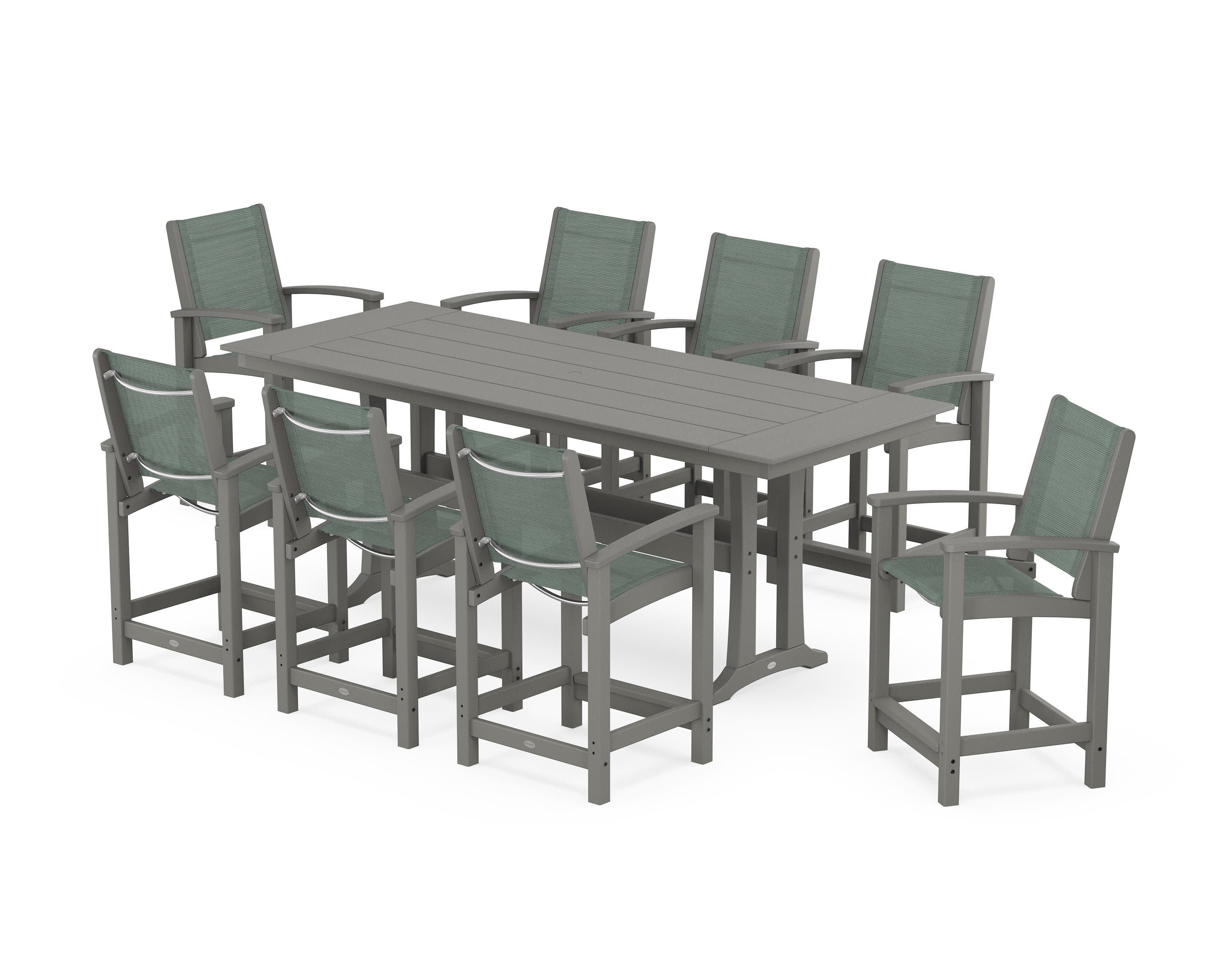 Coastal 9-Piece Farmhouse Counter Set with Trestle Legs in Slate Grey / Dupioni Sea Mist Sling