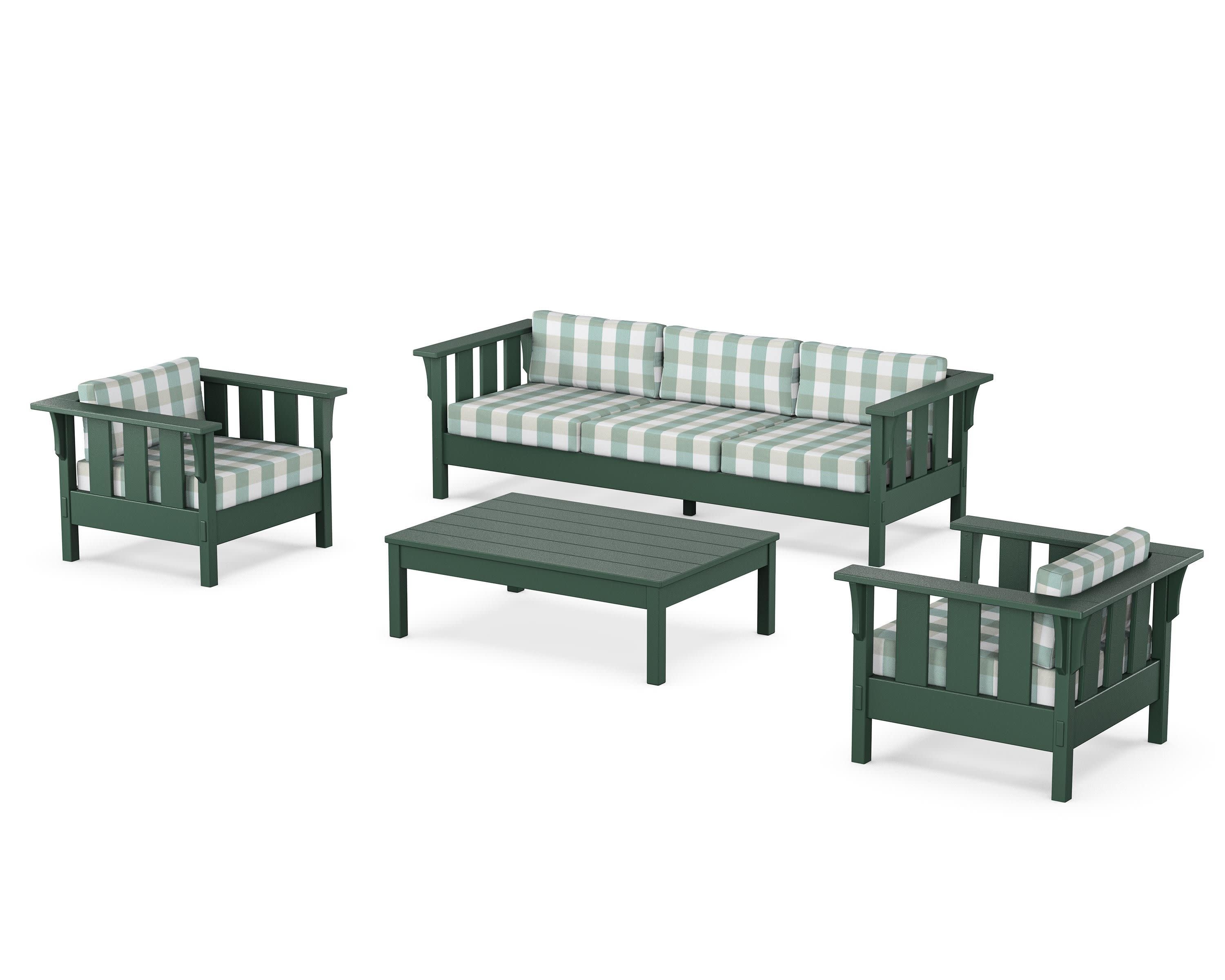 Acadia 4-Piece Deep Seating Set with Sofa in Green / Buffalo Plaid Glacier Spa