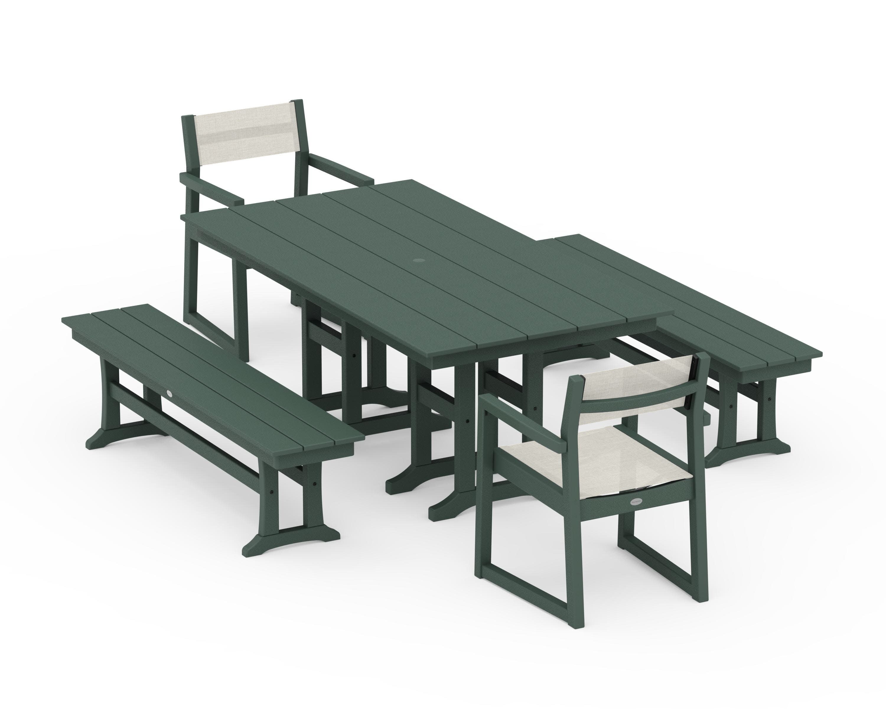 EDGE Sling Arm Chair 5-Piece Farmhouse Dining Set with Benches in Green / Parchment Sling