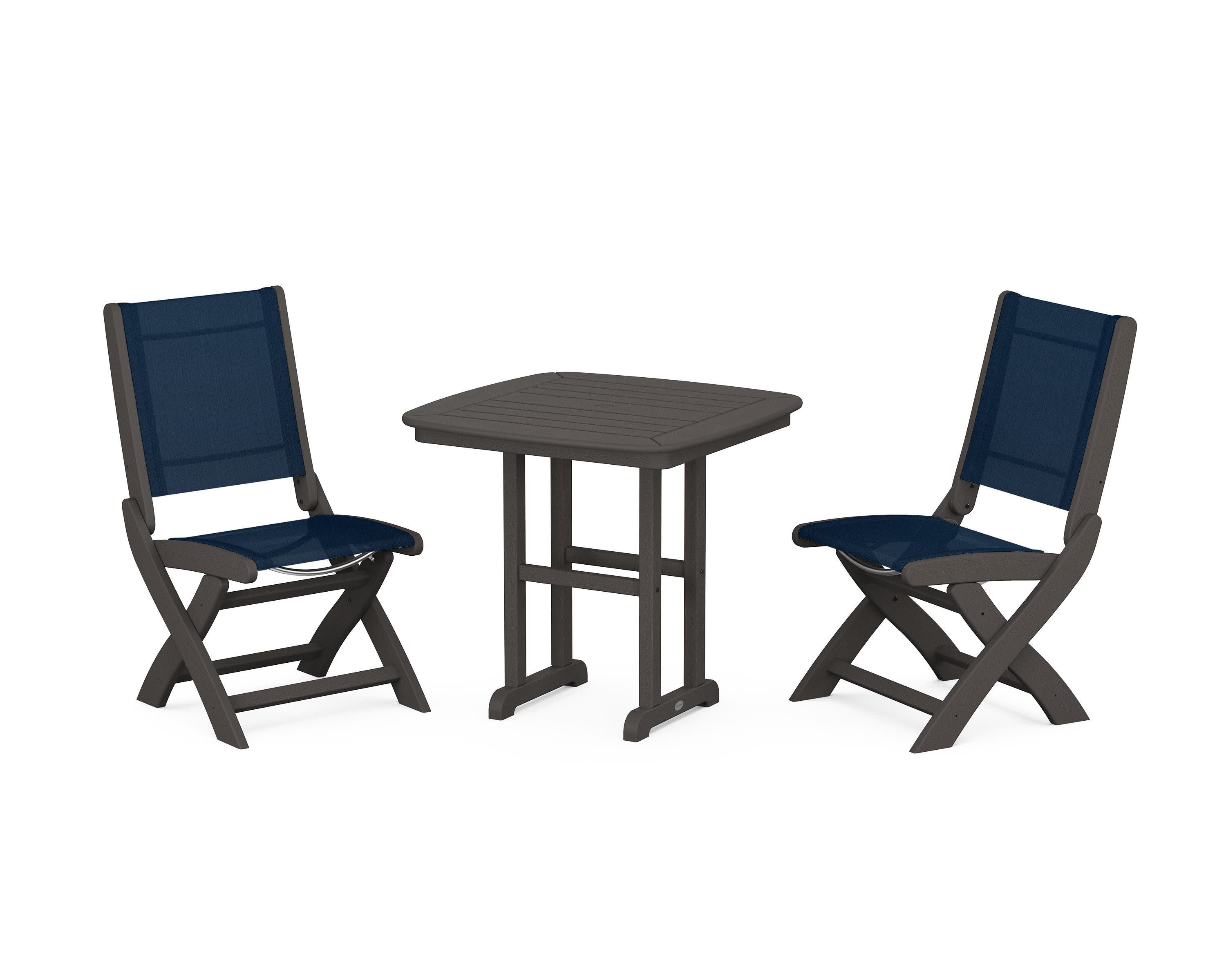 Coastal Folding Side Chair 3-Piece Dining Set in Vintage Coffee / Navy Blue Sling