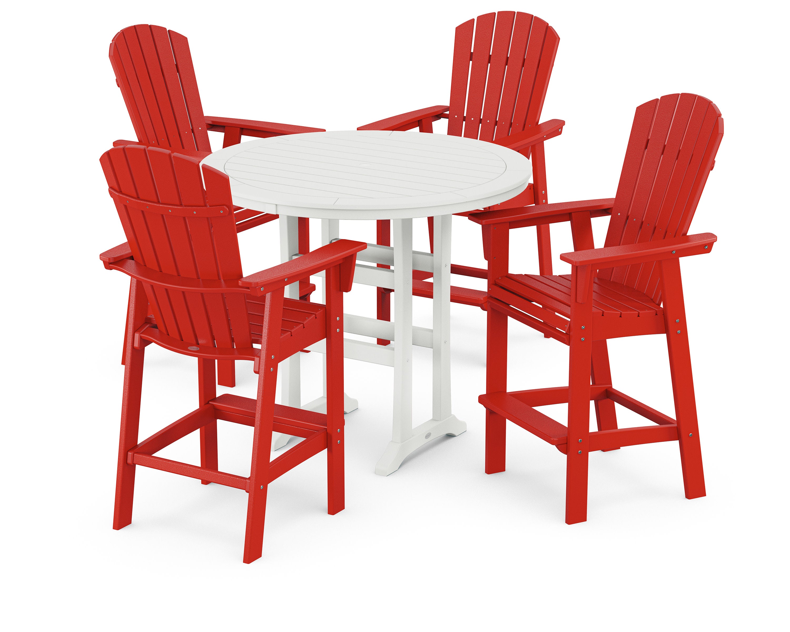 Nautical Curveback Adirondack 5-Piece Round Trestle Bar Set in Sunset Red / White