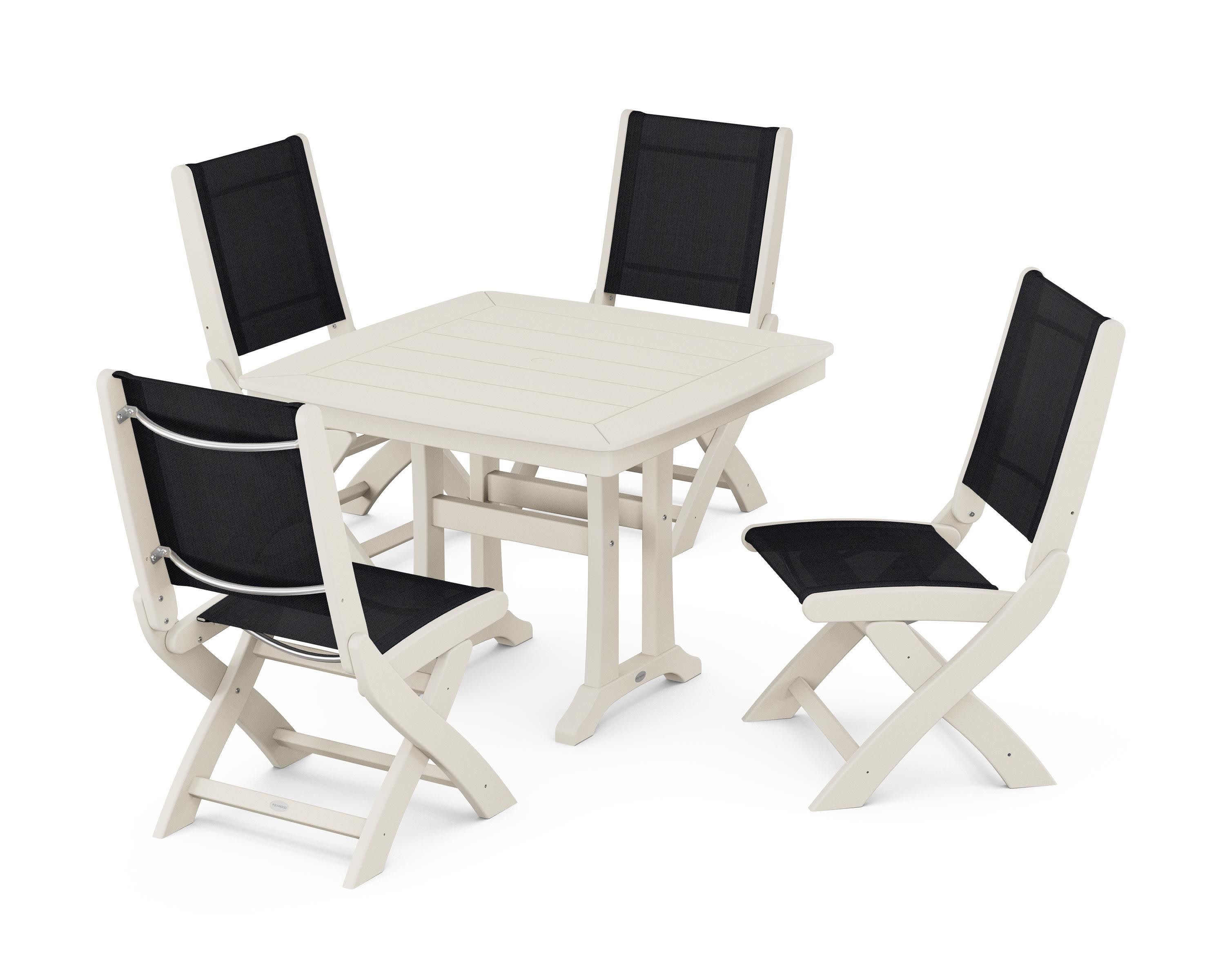 Coastal Folding Side Chair 5-Piece Dining Set with Trestle Legs in Sand / Black Sling