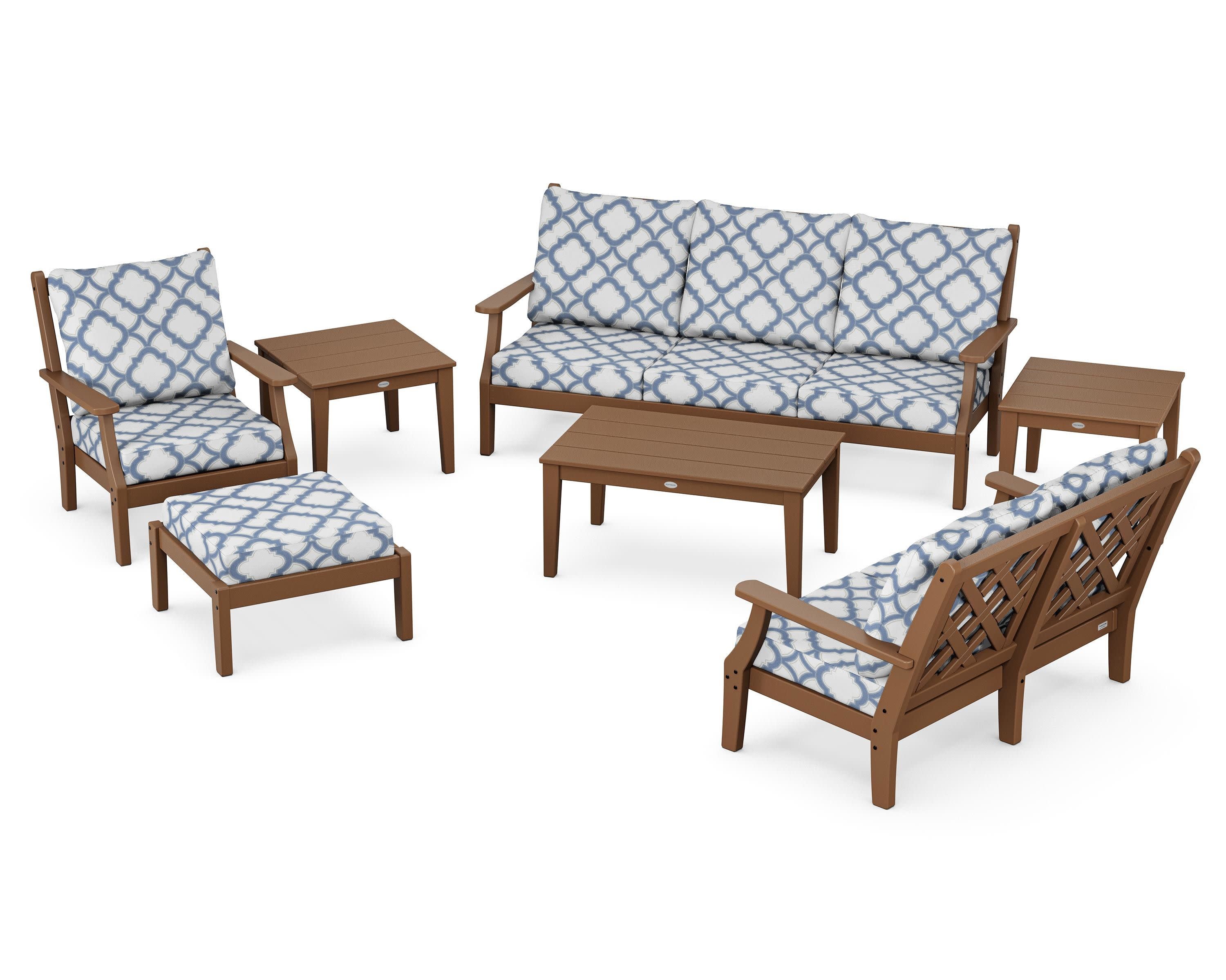 Wovendale 7-Piece Deep Seating Set in Teak / Trellis Sky Blue